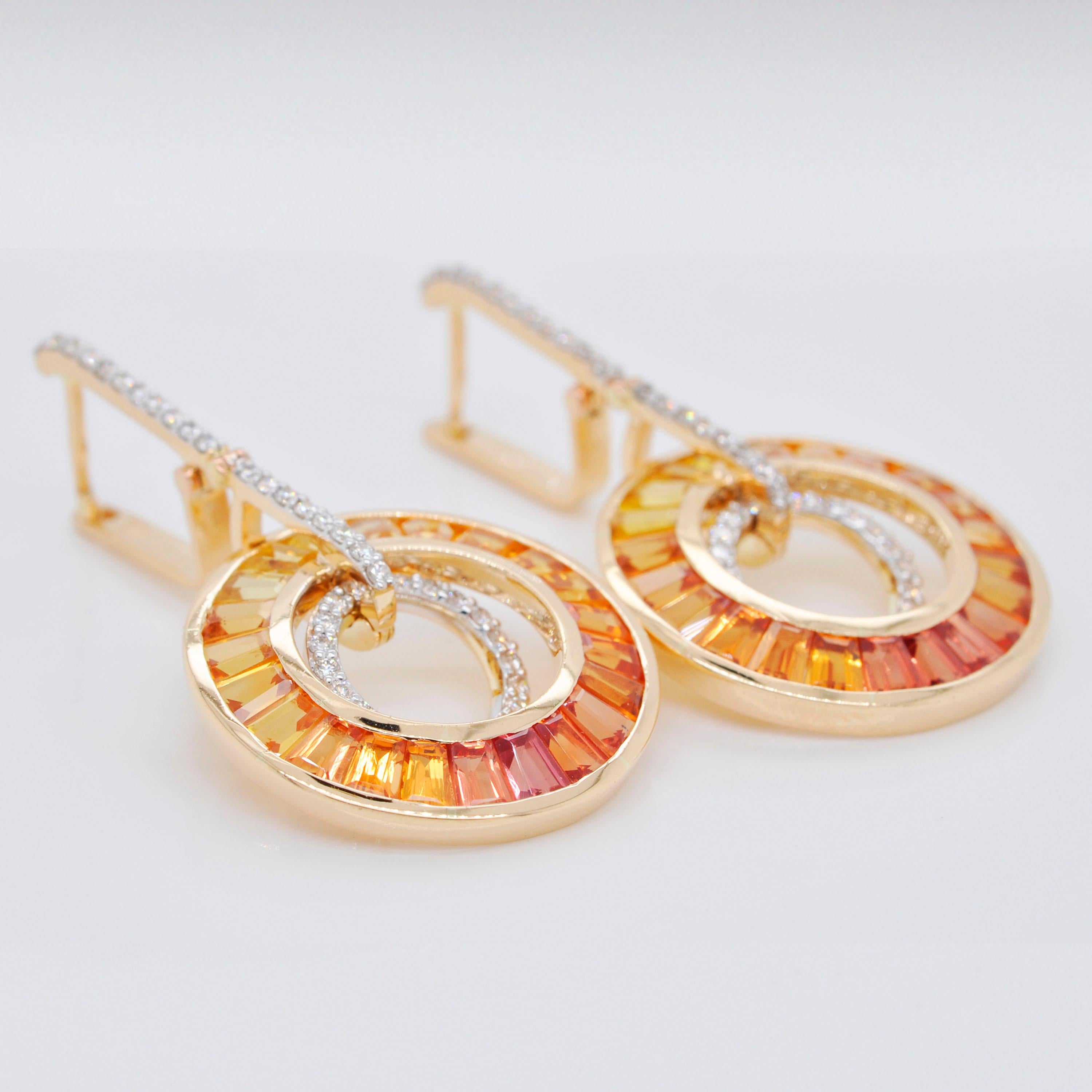 Women's 18K Gold Art-Deco Style Baguettes Yellow Sapphire Diamond Circular Earrings For Sale
