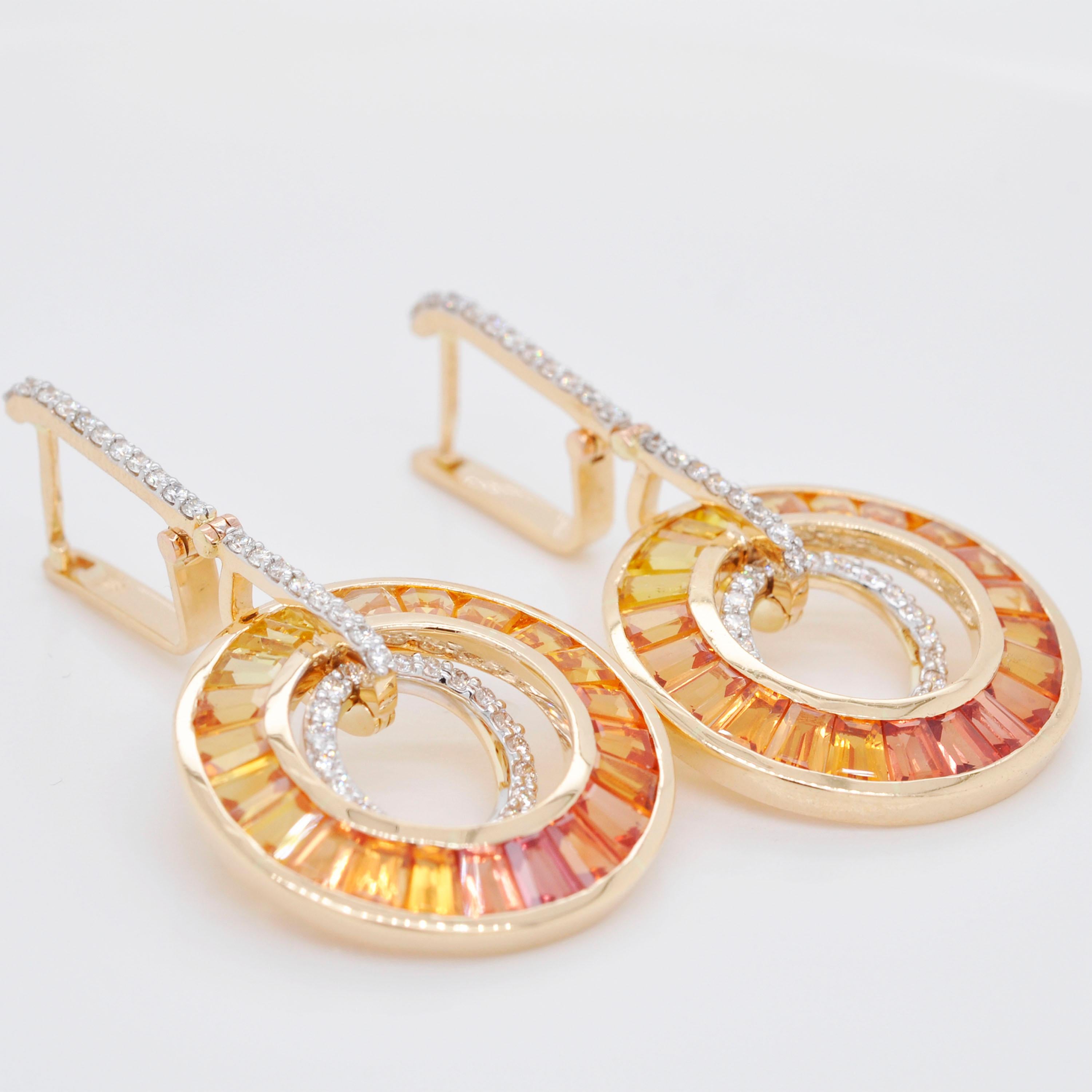 18K Gold Art-Deco Style Baguettes Yellow Sapphire Diamond Circular Earrings For Sale 1