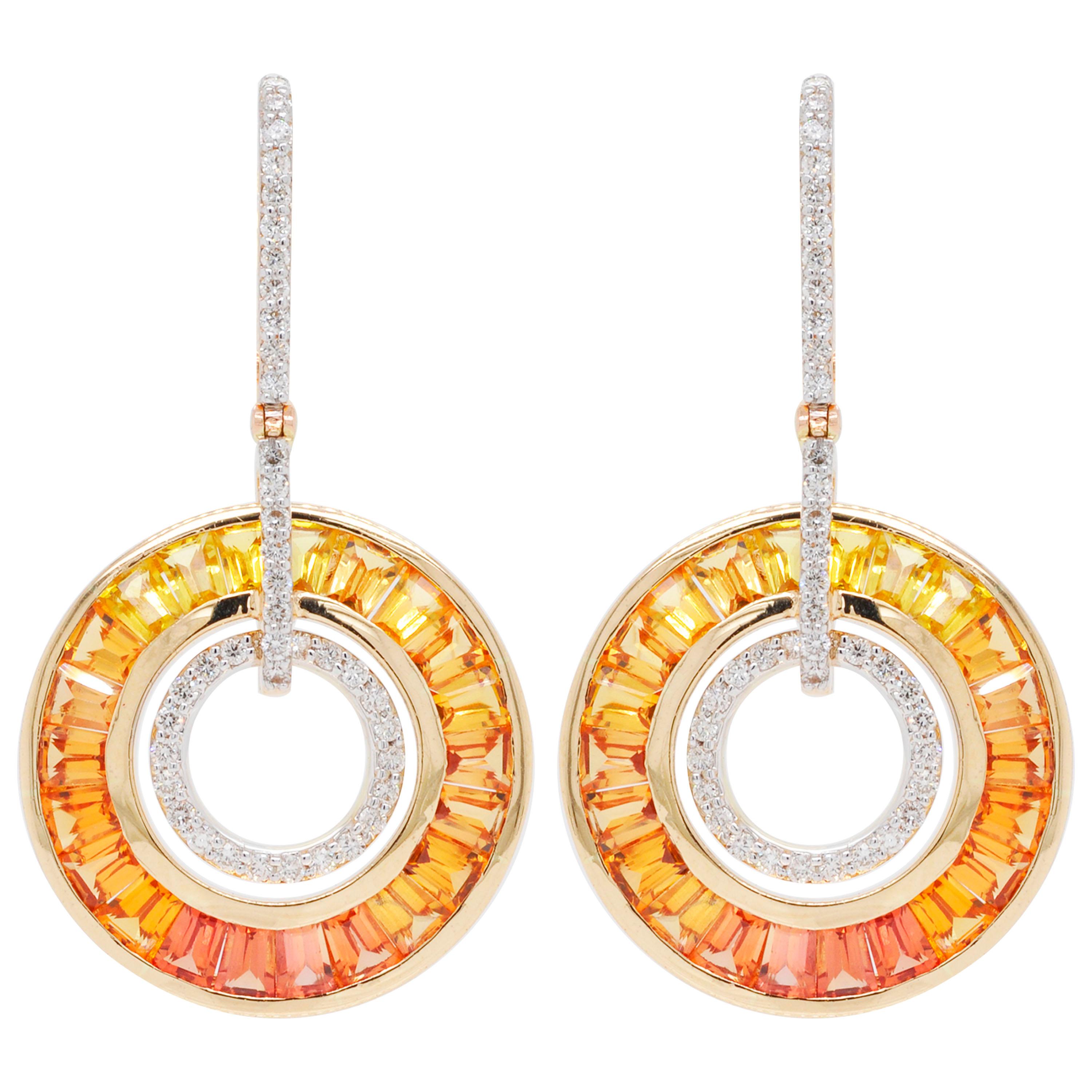 18K Gold Art-Deco Style Baguettes Yellow Sapphire Diamond Circular Earrings