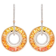 18K Gold Art-Deco Style Baguettes Yellow Sapphire Diamond Circular Earrings