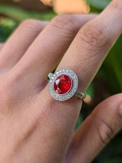 18K Gold Art Deco Style Orange Red Ruby Natural Diamond Oval Halo Ring