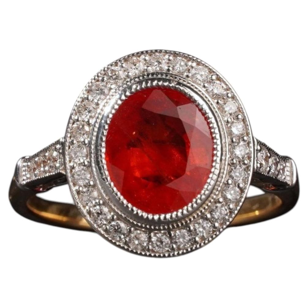 18K Gold Art Deco Style Orange Red Ruby Natural Diamond Oval Halo Ring For Sale