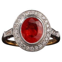 18K Gold Art Deco Style Orange Red Ruby Natural Diamond Oval Halo Ring