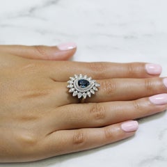 18K Gold Art Deco Style Pear Shape Cocktail Ring w/London Blue Topaz & Diamonds