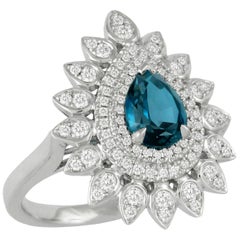 18K Gold Art Deco Style Pear Shape Cocktail Ring w/London Blue Topaz 
Diamonds