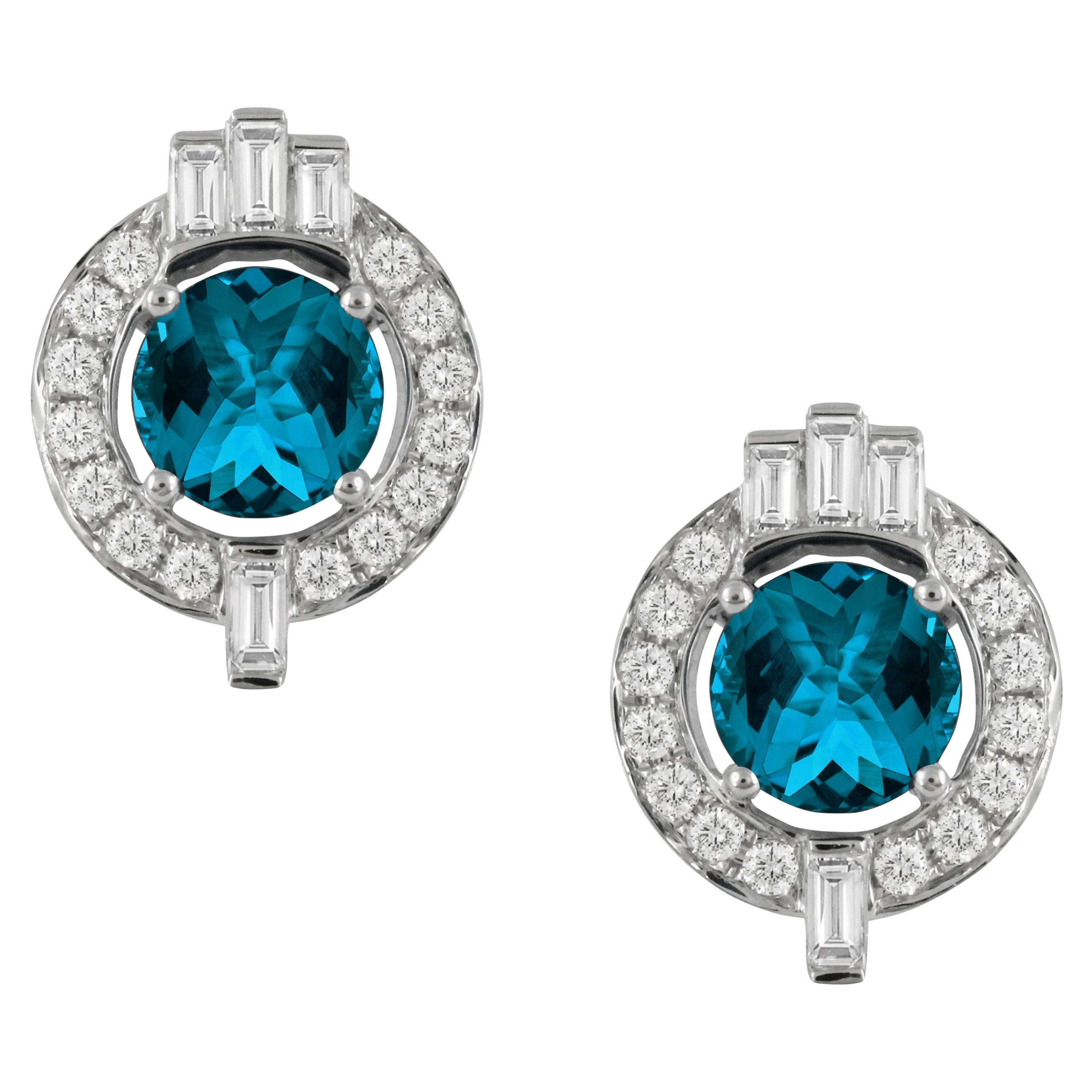18K Gold Art Deco Style Stud Earrings with London Blue Topaz & Baguette Diamonds For Sale