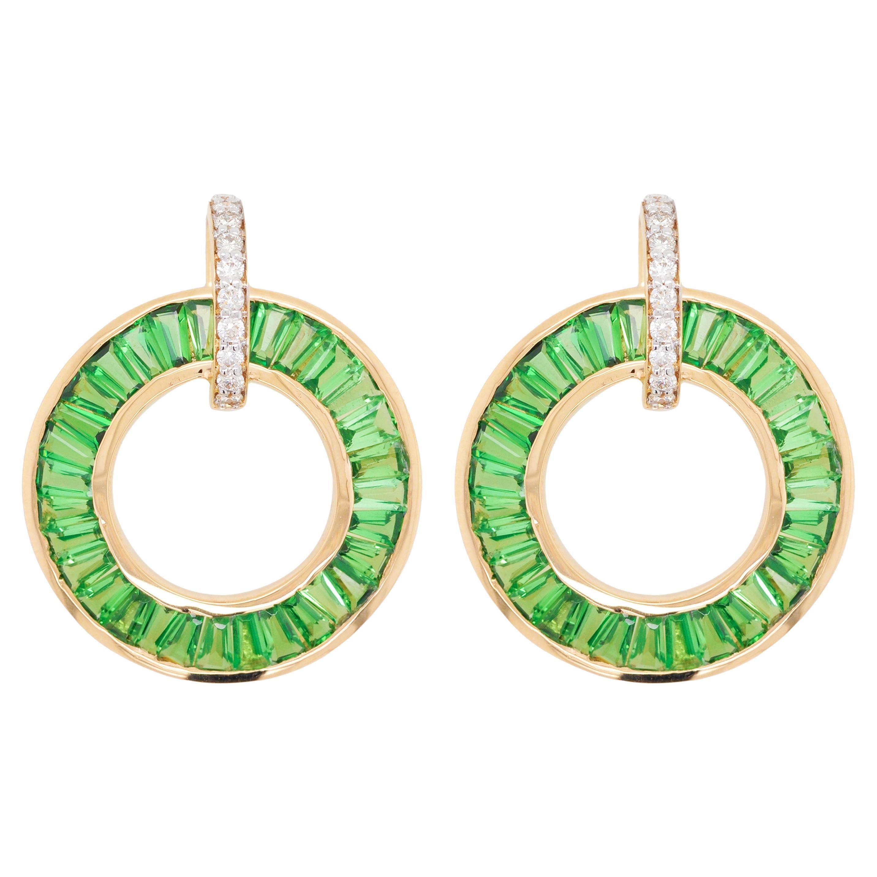 Boucles d'oreilles circulaires en or 18 carats de style art déco avec grenat tsavorite et baguettes de diamant