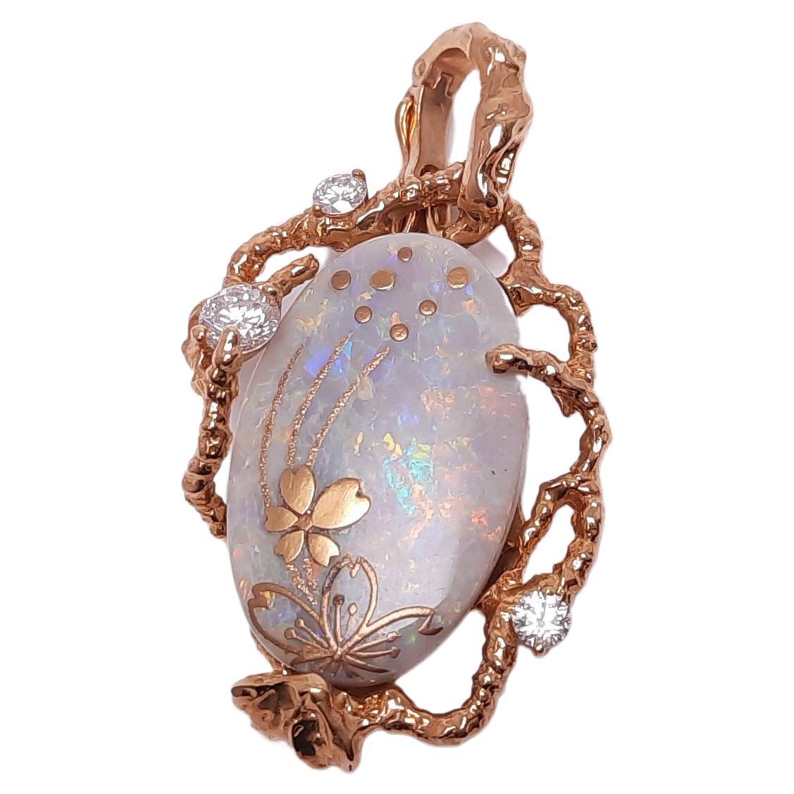 18k Gold Art Opal Pendant with Japanese Gold Painting Technology For Sale