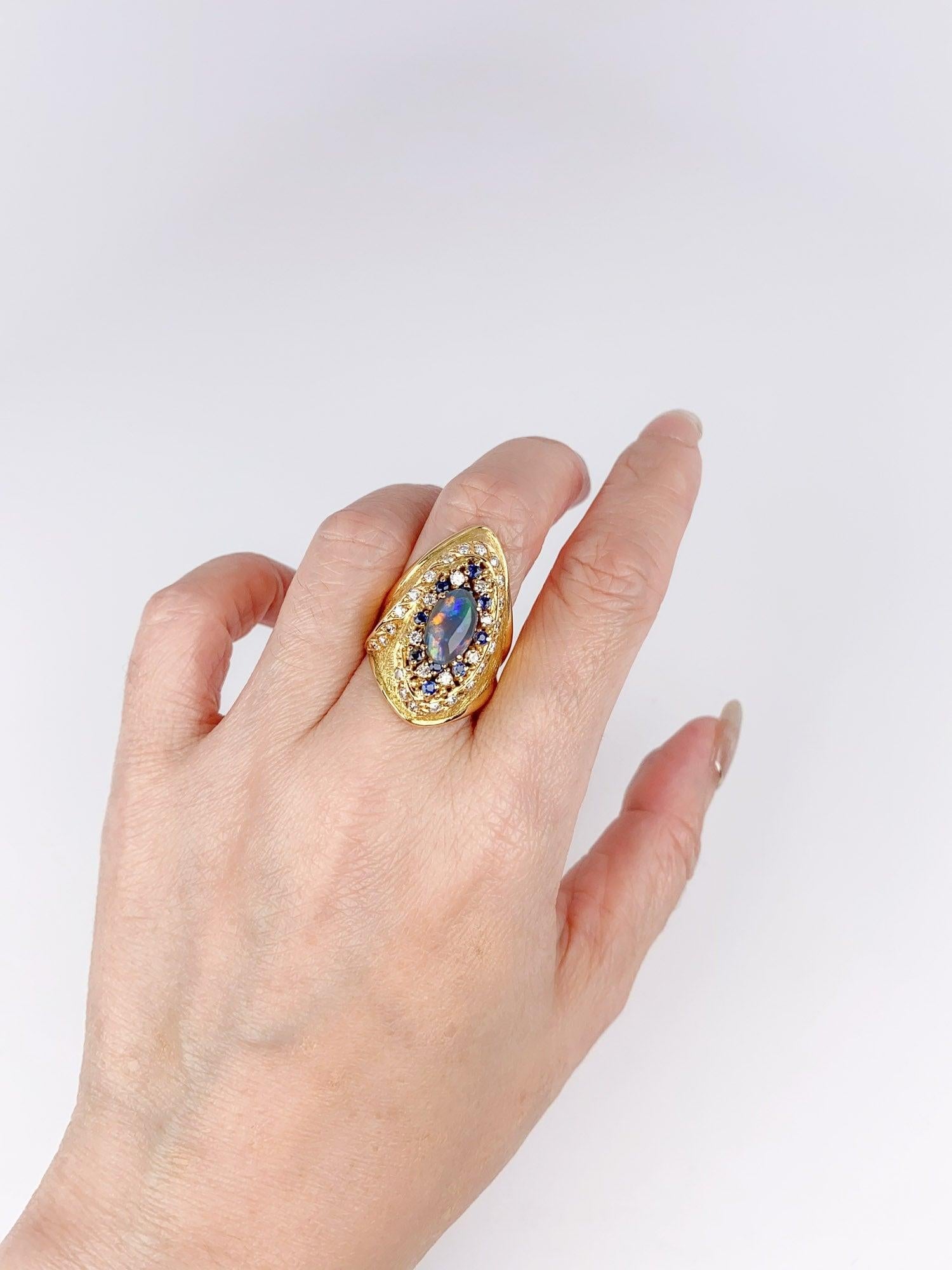 Or 18K Bague Opale Noire Australienne Yuzo Kiriyama Designer Japonais Saphir en vente 5