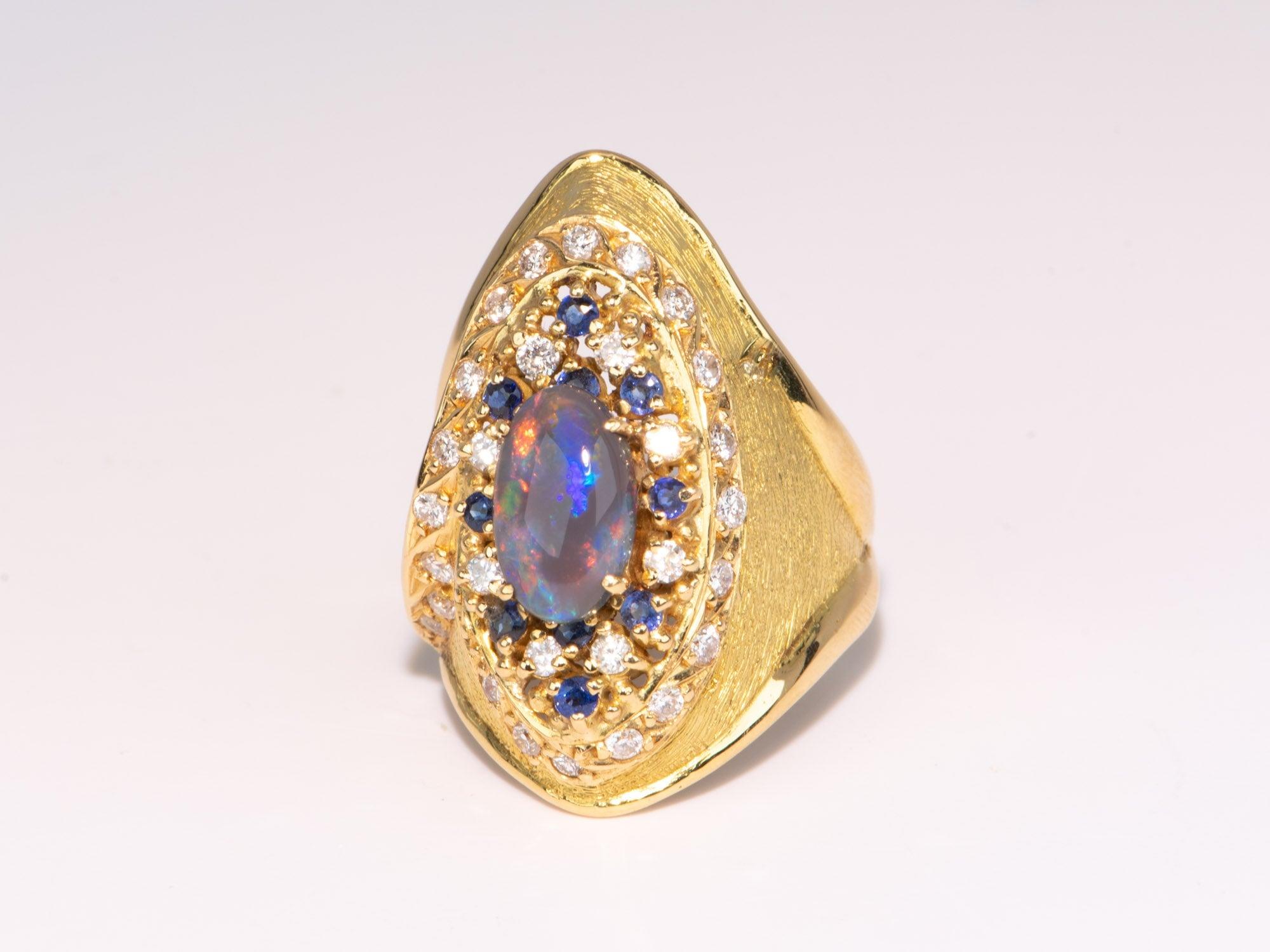 Or 18K Bague Opale Noire Australienne Yuzo Kiriyama Designer Japonais Saphir en vente 1