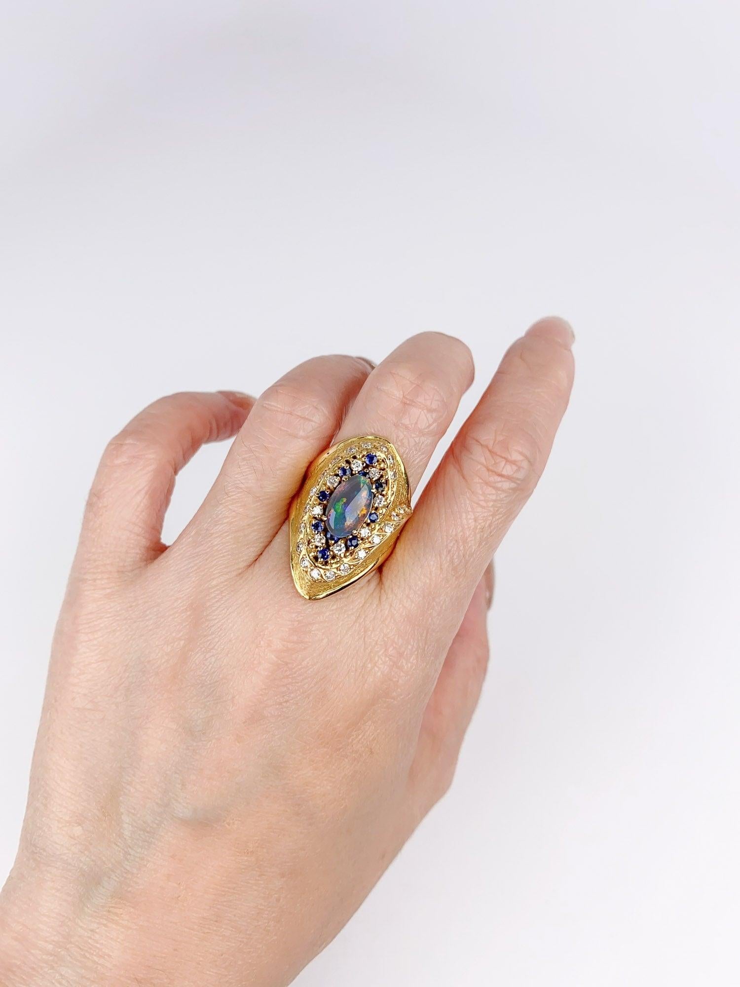 Or 18K Bague Opale Noire Australienne Yuzo Kiriyama Designer Japonais Saphir en vente 2