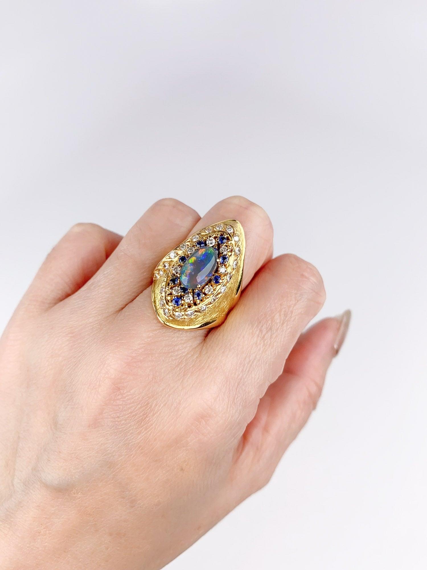 Or 18K Bague Opale Noire Australienne Yuzo Kiriyama Designer Japonais Saphir en vente 3
