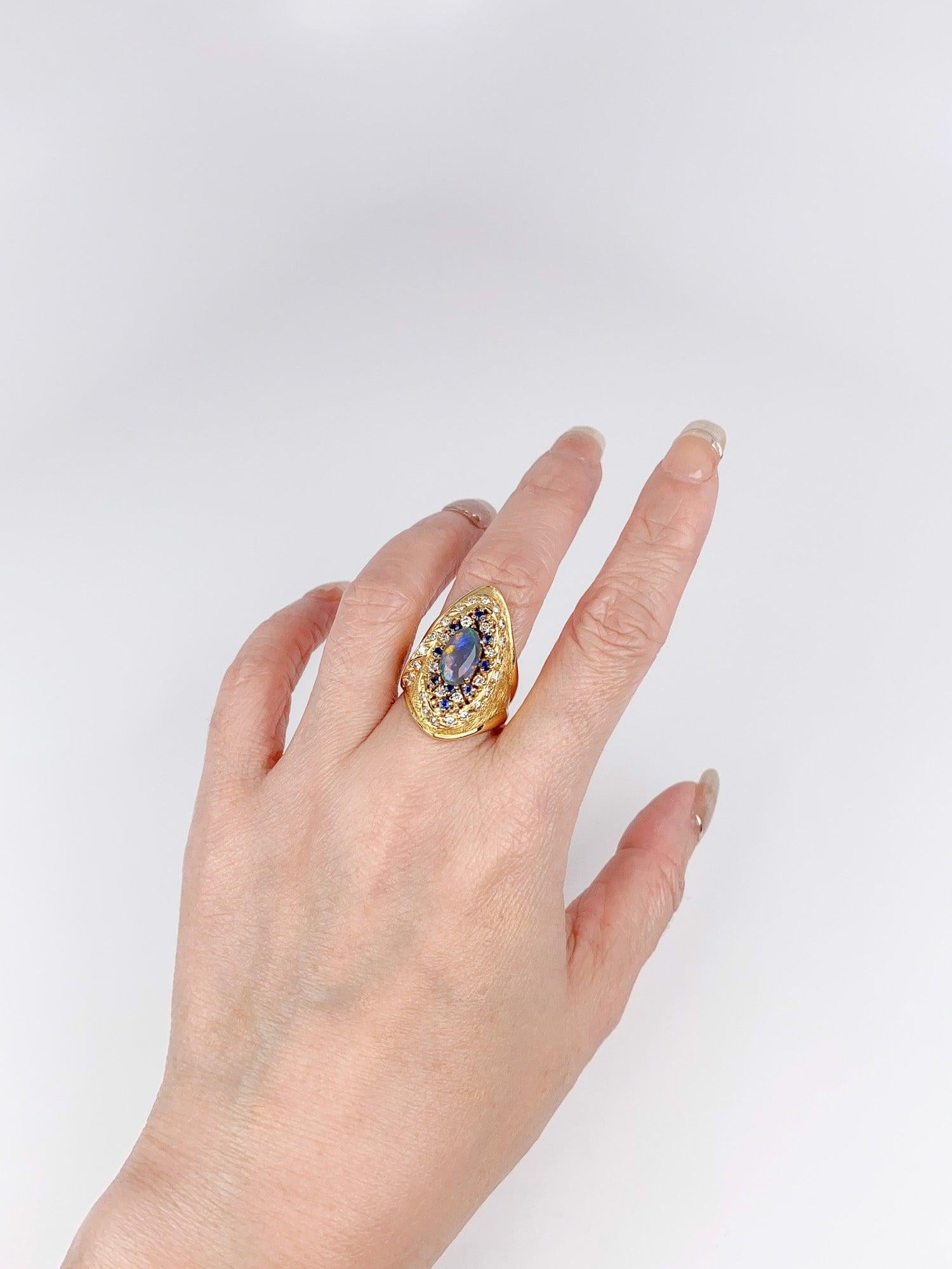 Or 18K Bague Opale Noire Australienne Yuzo Kiriyama Designer Japonais Saphir en vente 4