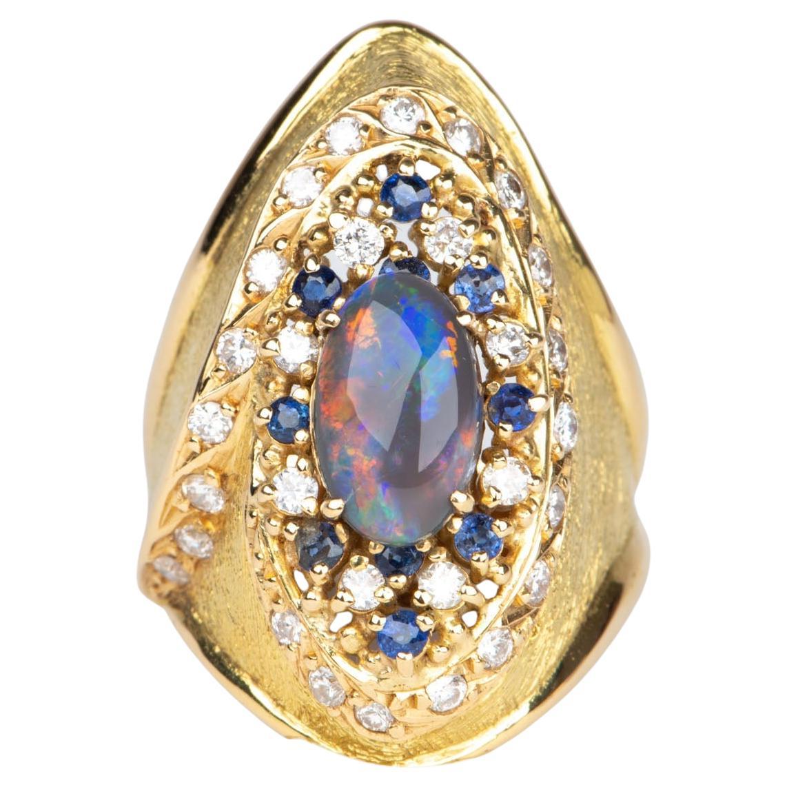 Or 18K Bague Opale Noire Australienne Yuzo Kiriyama Designer Japonais Saphir en vente