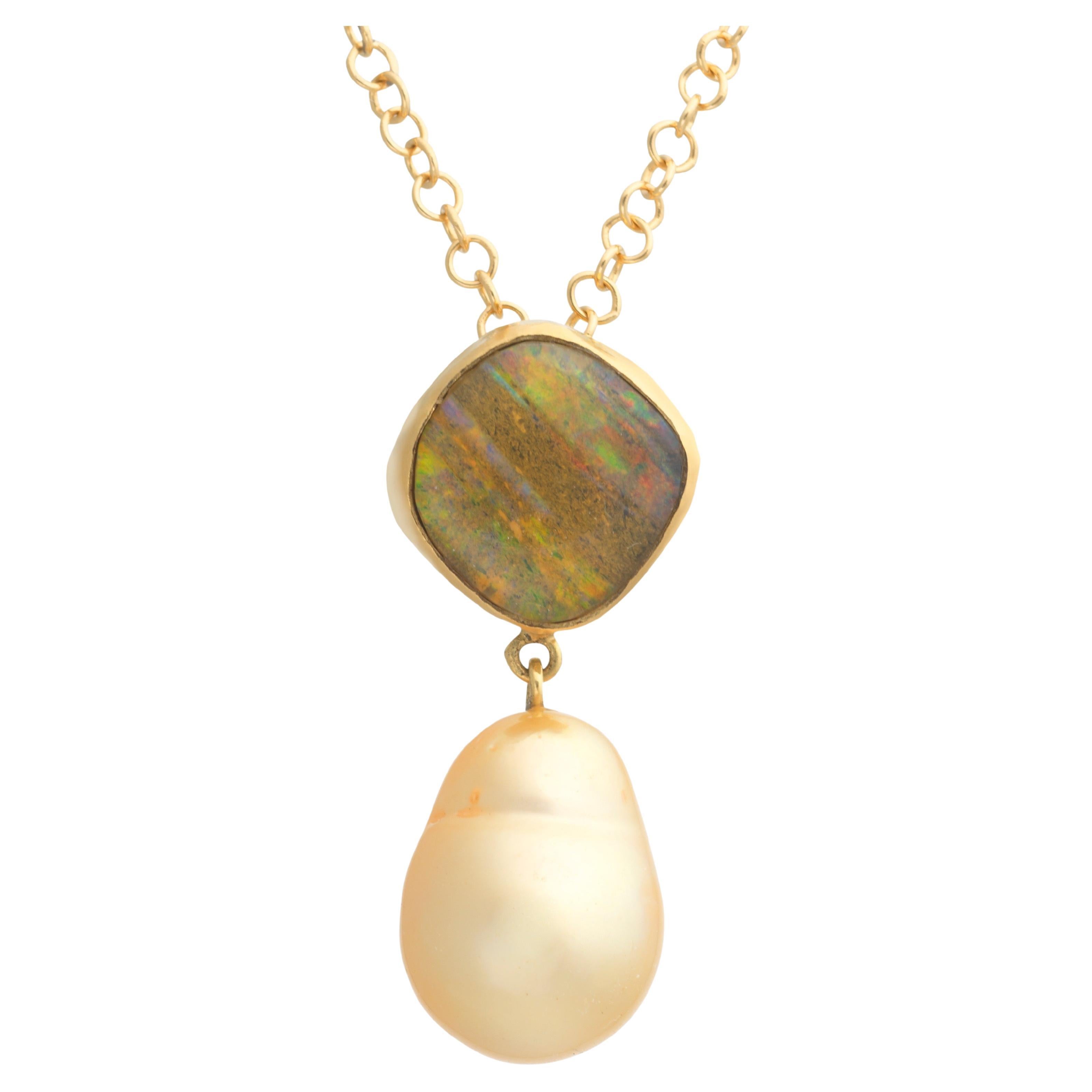 18k Gold Australian Boulder Opal and South Sea Pearl Pendant For Sale