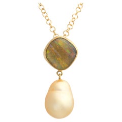 18k Gold Australian Boulder Opal and South Sea Pearl Pendant