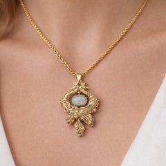 18k Gold Australian Opal Diamond & Paraiba Tourmaline Dual Peacock Pendant