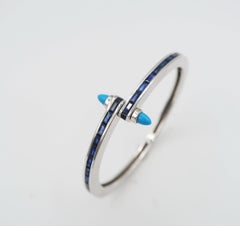 18K Gold Baguette Blue Sapphire Closed Bangle with Turquoise Spike Screw Clasp