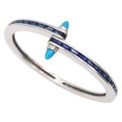 18K Gold Baguette Blue Sapphire Closed Bangle with Turquoise Spike Screw Clasp