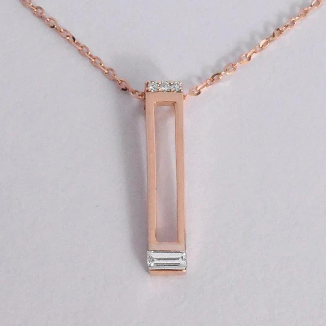 Modern 18k Gold Baguette Diamond Charm Pendent Necklace Long Bar Diamond Necklace For Sale