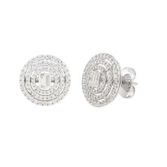 18K Gold Baguette & Round Diamond Art Deco Inspired Halo Cluster Stud Earrings