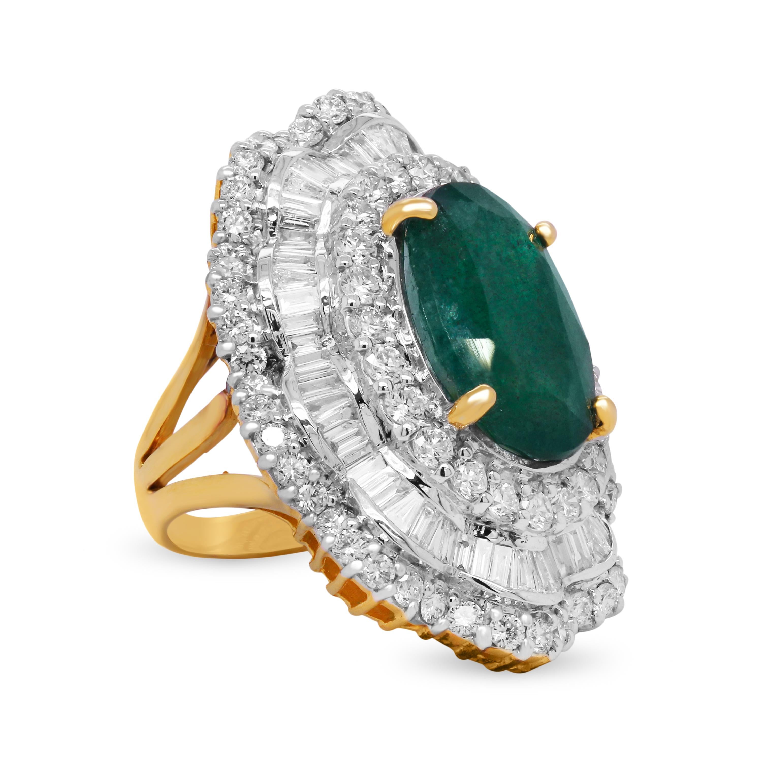 18K Gold Baguette Round Diamond Oval 8 Carat Emerald Center Cocktail Ring

This one-of-a-kind ring features an incredible, oval-cut Emerald center that is apprx. 8 carats in weight.

Baguette and round diamonds are set in three-rows surrounding the
