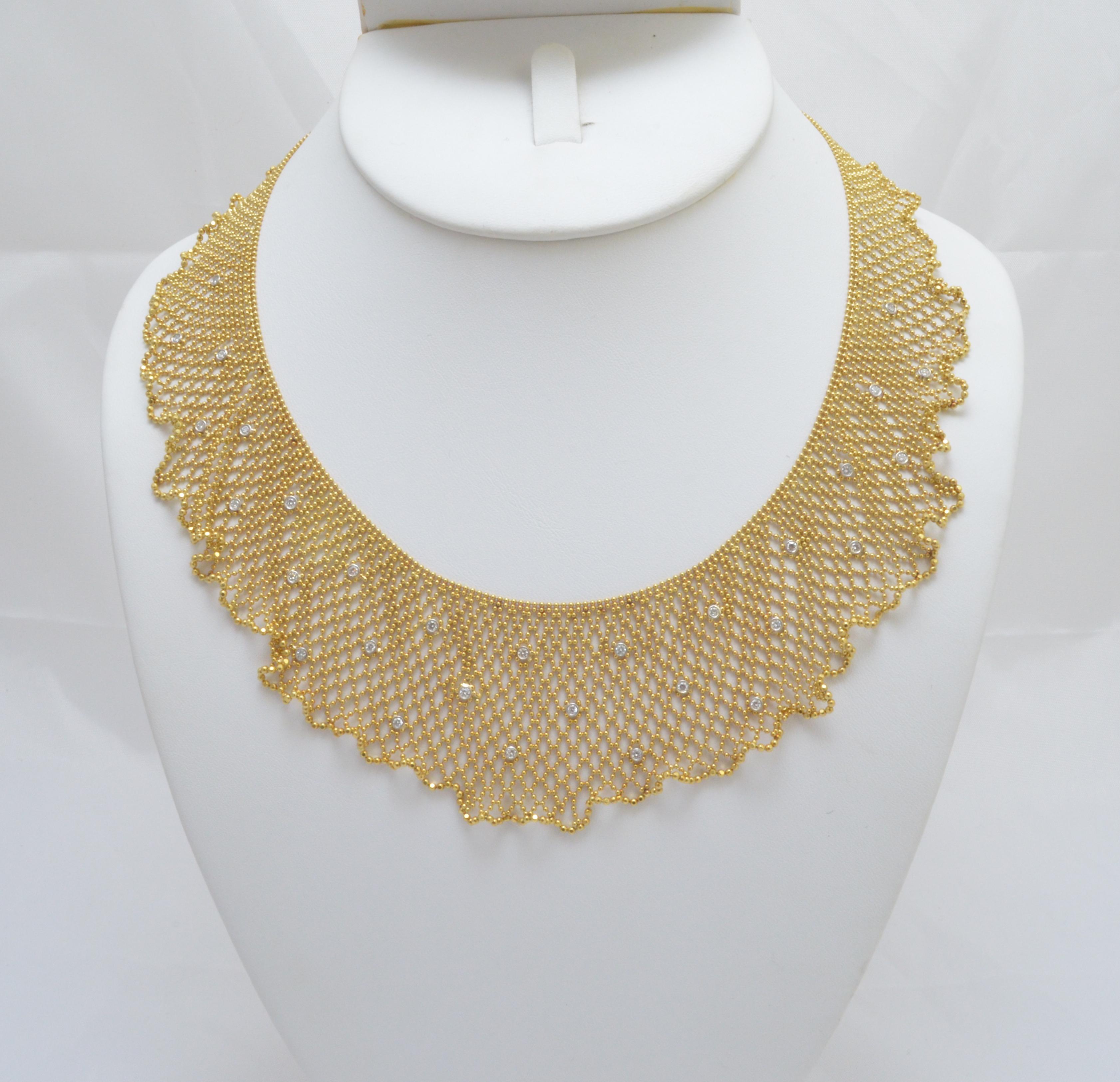 18k Gold Ball Chain Bib/Scarf Necklace with Diamonds -- This stunning bib necklace is featured in 18k yellow gold with a ball chain that has diamonds set throughout, and a push insert clasp. Necklace does not have any jeweler markings & has been