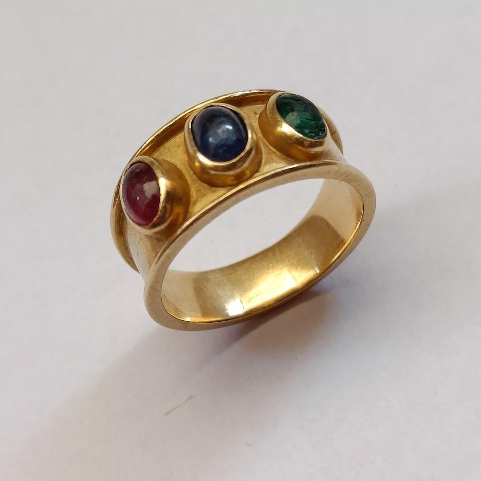 Byzantine 18k Gold Band Ring with 3 Cabochon Gemstones - Sapphire, Emerald, Ruby