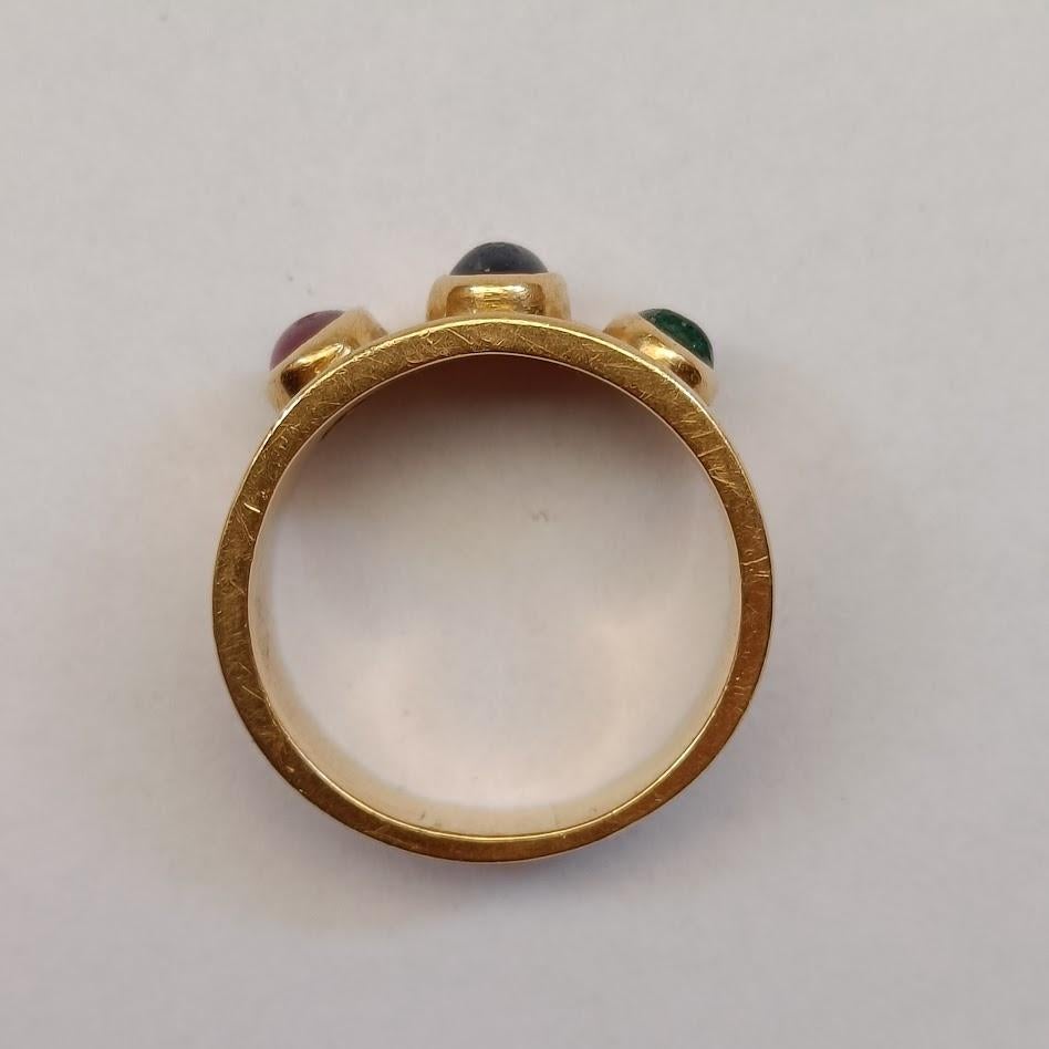 Women's 18k Gold Band Ring with 3 Cabochon Gemstones - Sapphire, Emerald, Ruby