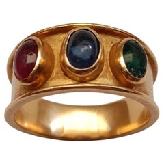 18k Gold Band Ring with 3 Cabochon Gemstones - Sapphire, Emerald, Ruby