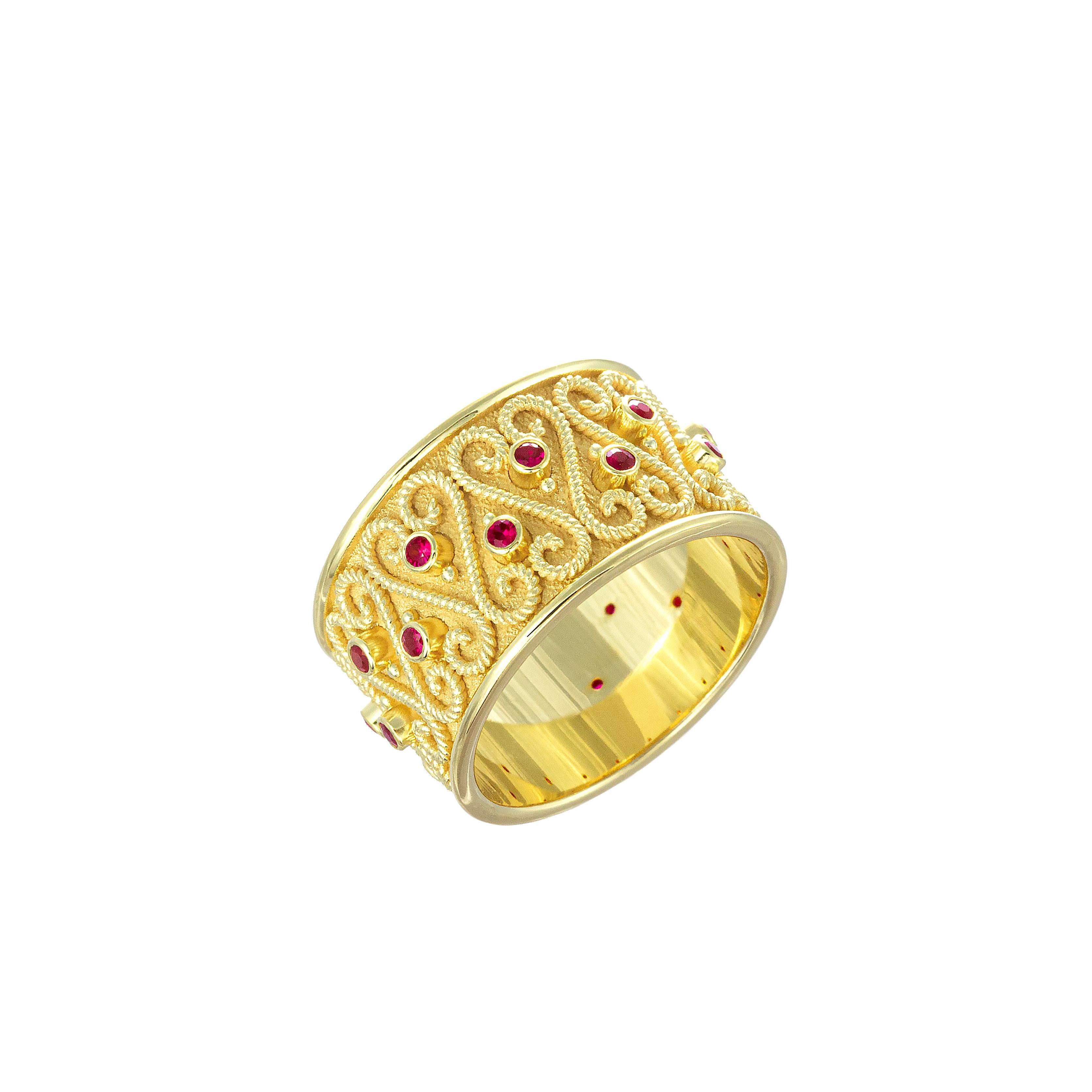 Byzantine 18K Gold Band Ring with Rubies For Sale