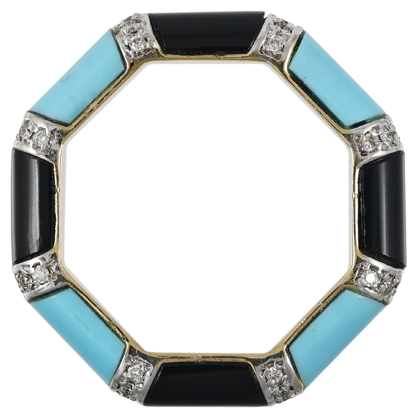 Cabochon 18K gold band ring with turquoise and black onyx For Sale