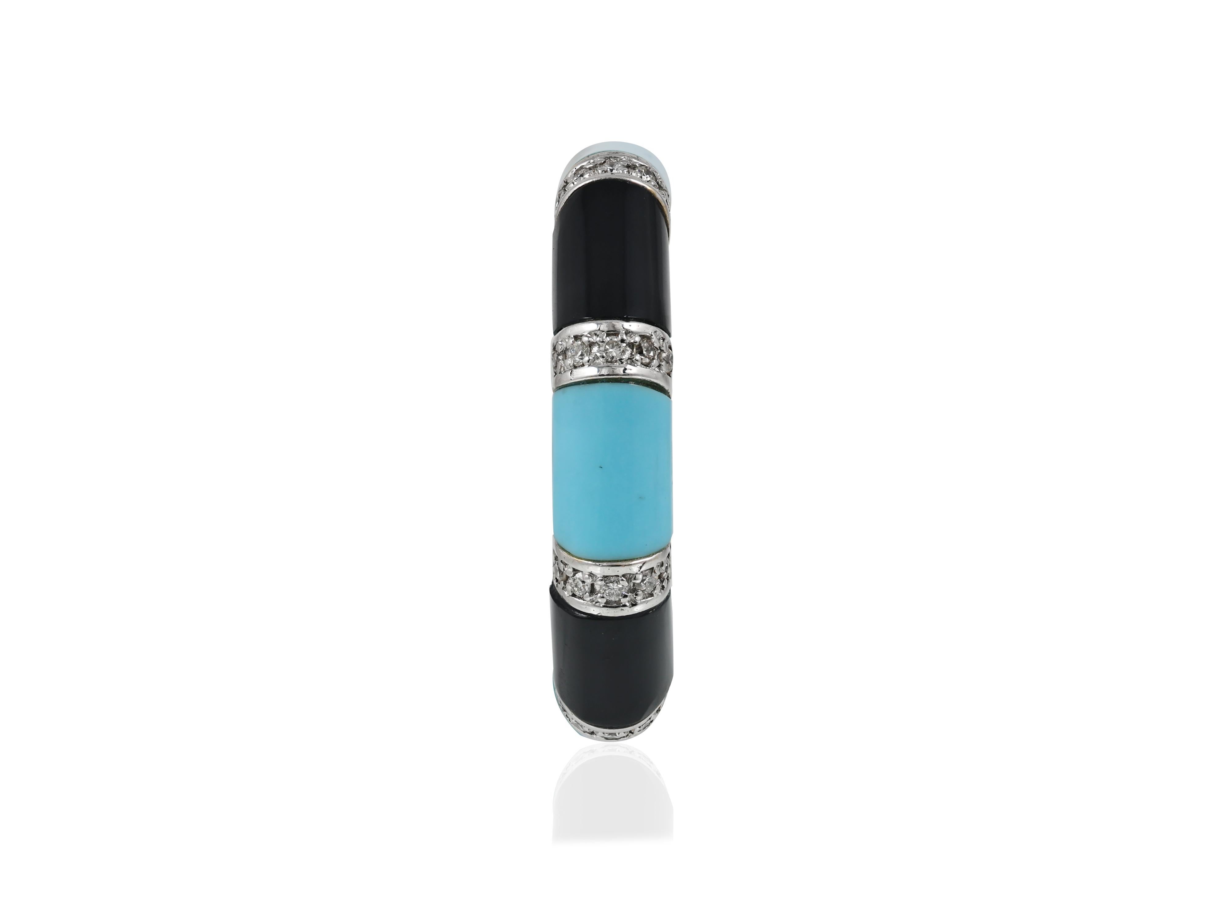 Women's 18K gold band ring with turquoise and black onyx For Sale