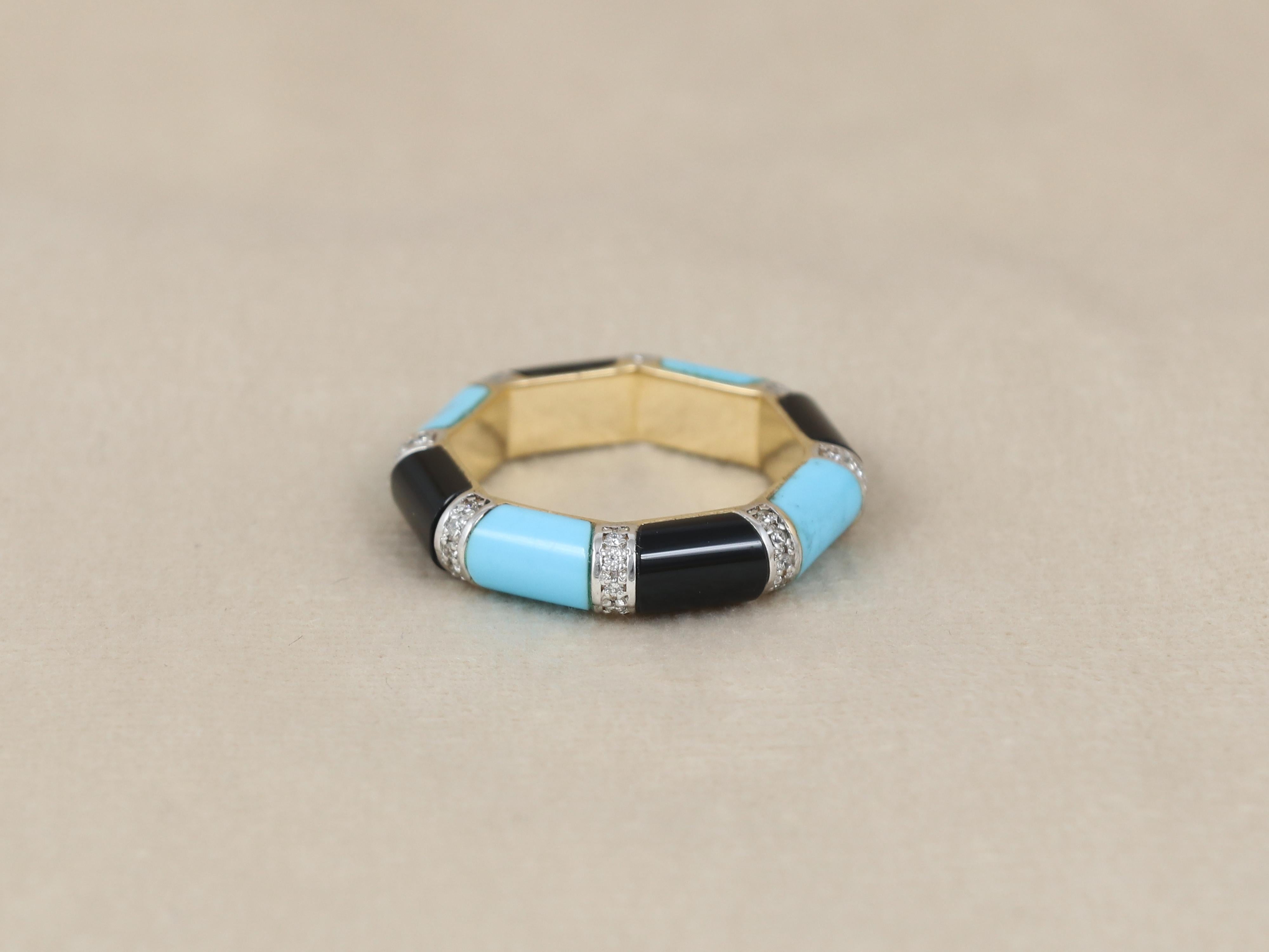 18K gold band ring with turquoise and black onyx For Sale 1