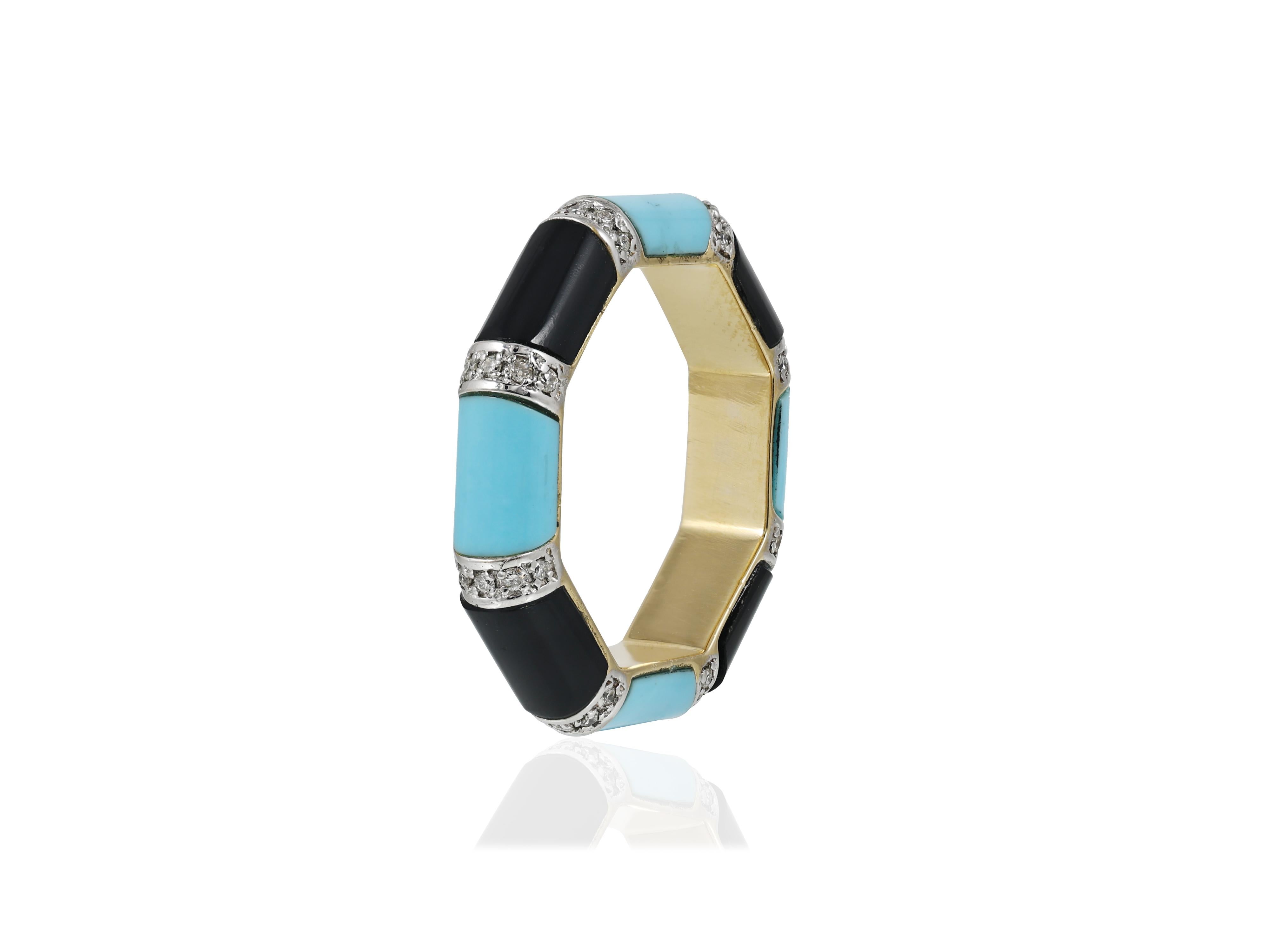 18K gold band ring with turquoise and black onyx For Sale 3