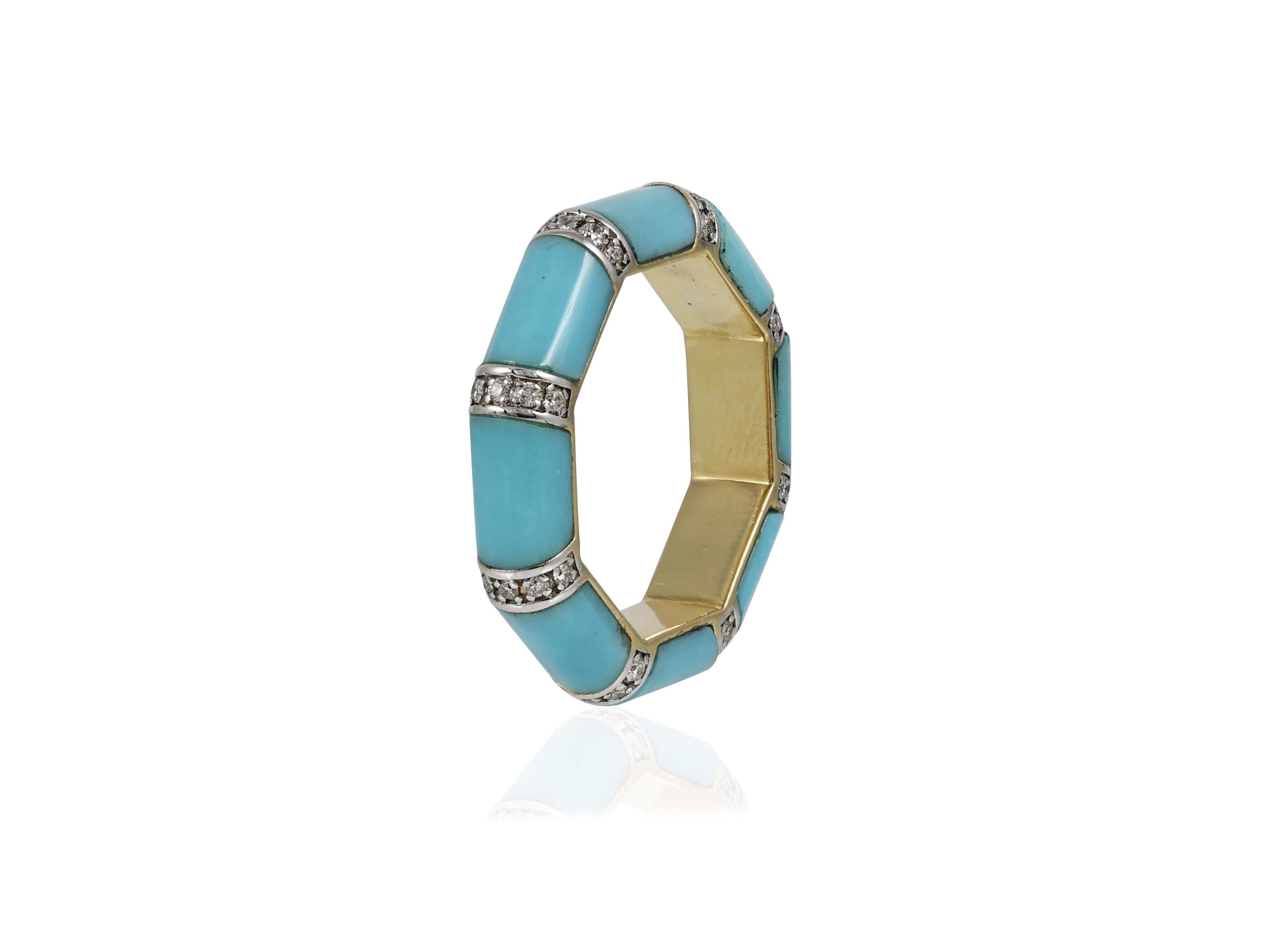 18K gold band set with Turquoise and diamonds In New Condition For Sale In Bangkok,, TH