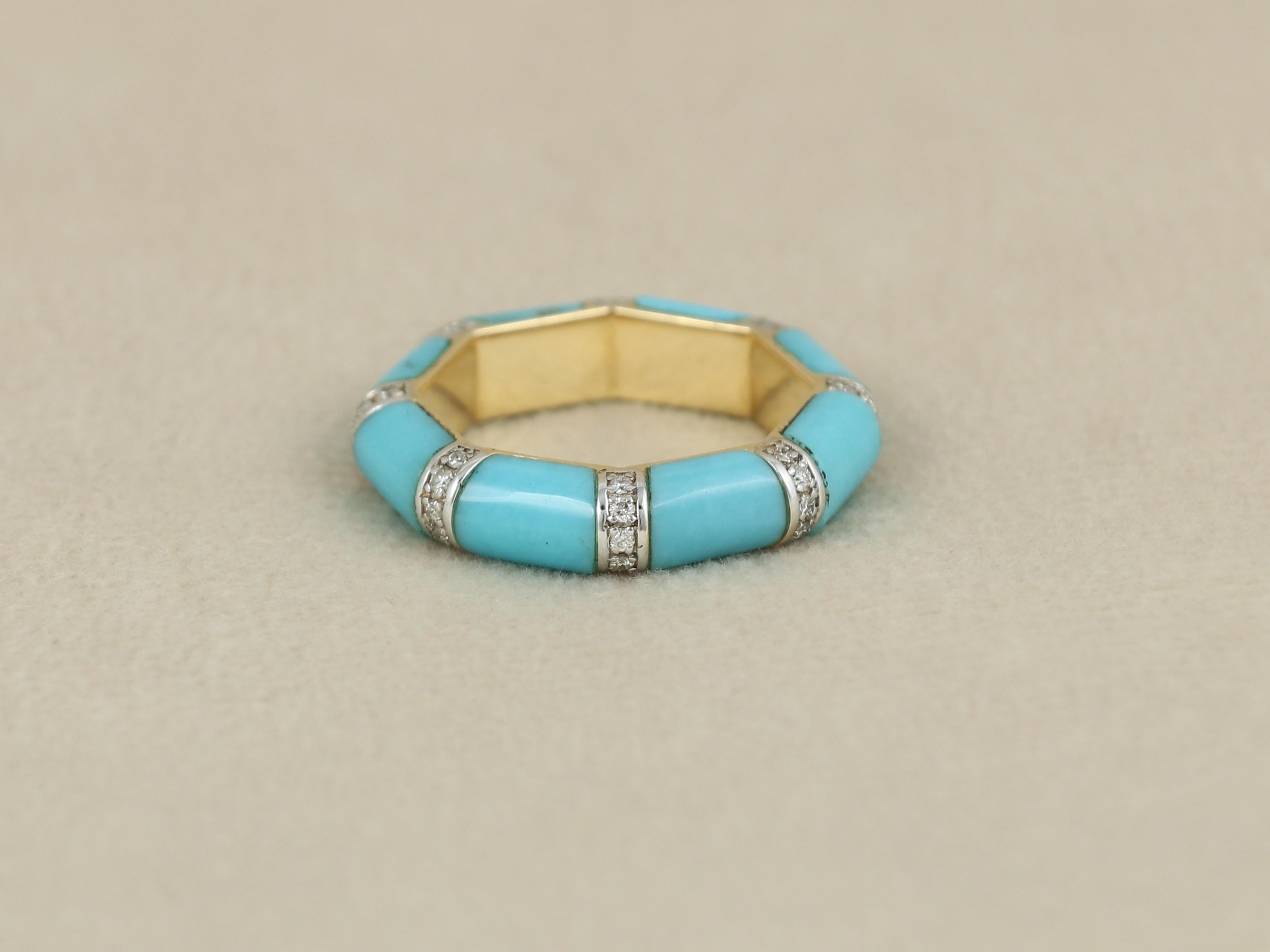 Women's 18K gold band set with Turquoise and diamonds For Sale