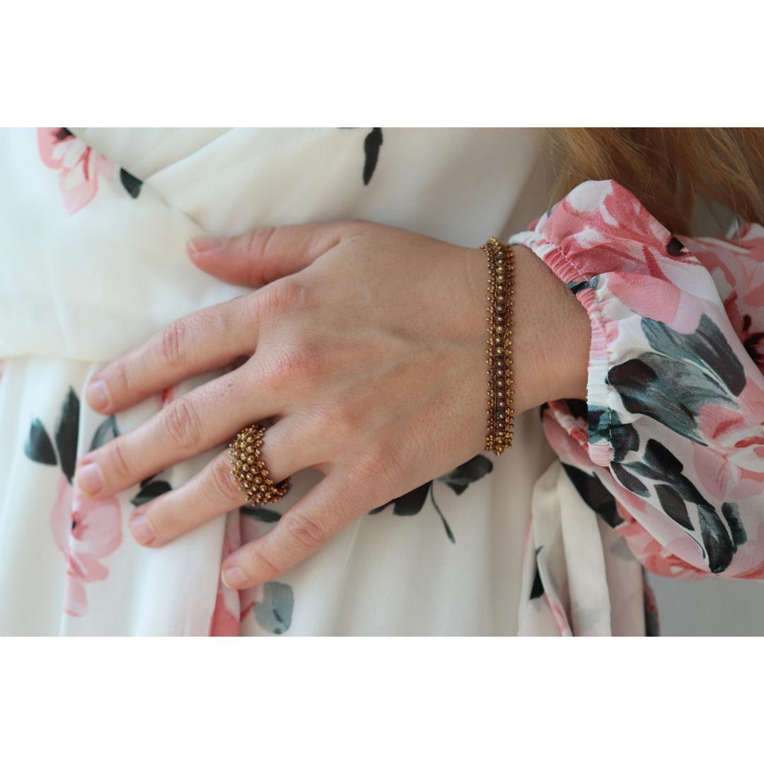 18k Gold BEAD mesh Bracelet and Ring. 18k Gold HandMade Indian Asian Thai crown 6