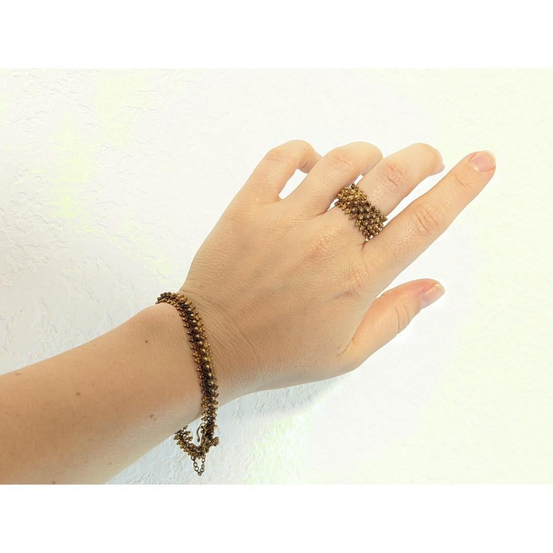 Women's 18k Gold BEAD mesh Bracelet and Ring. 18k Gold HandMade Indian Asian Thai crown