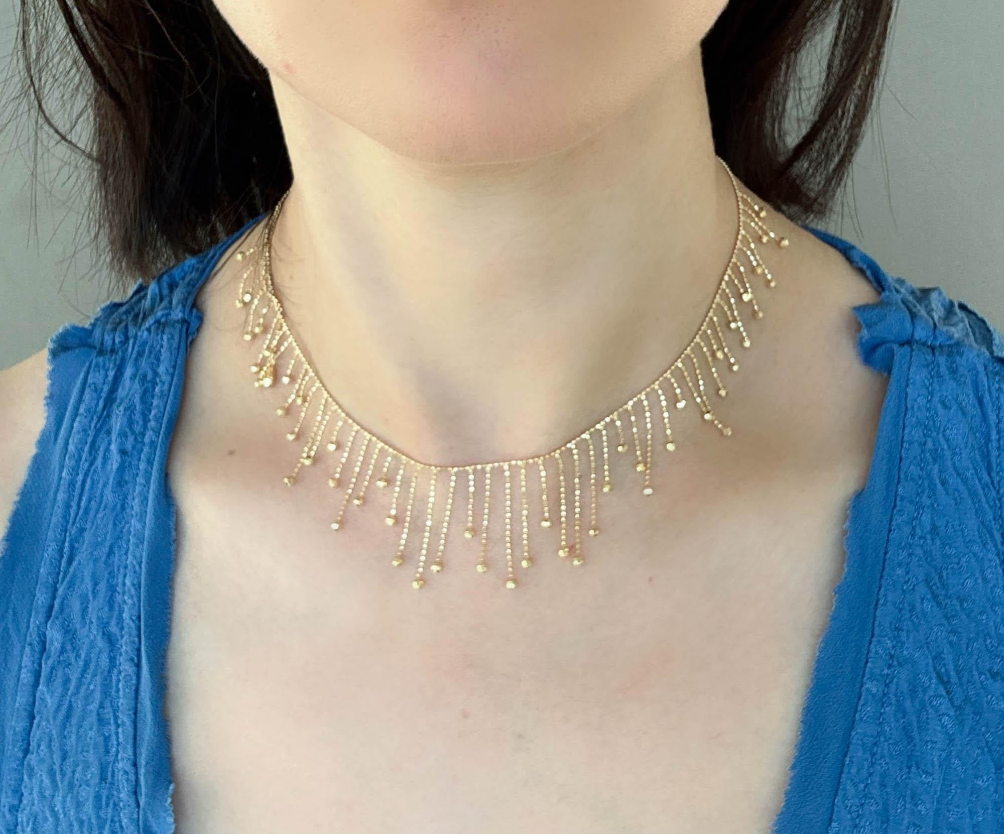 18K Gold Beaded Lace Fringe Necklace 5.88g For Sale 1