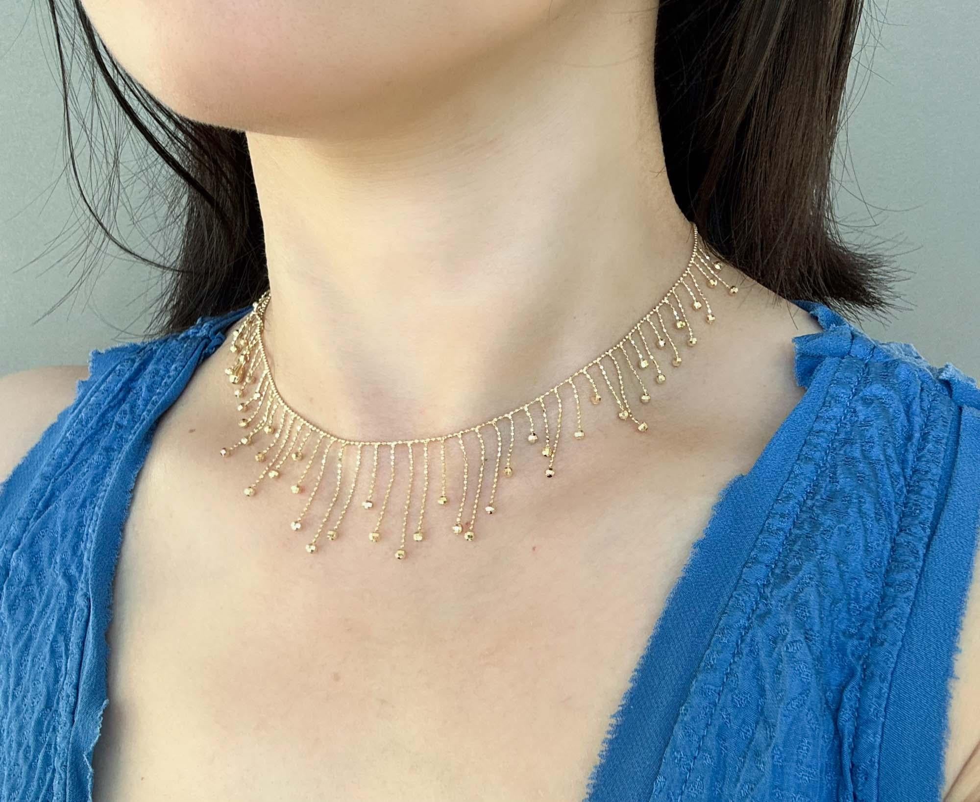 18K Gold Beaded Lace Fringe Necklace 5.88g For Sale 2