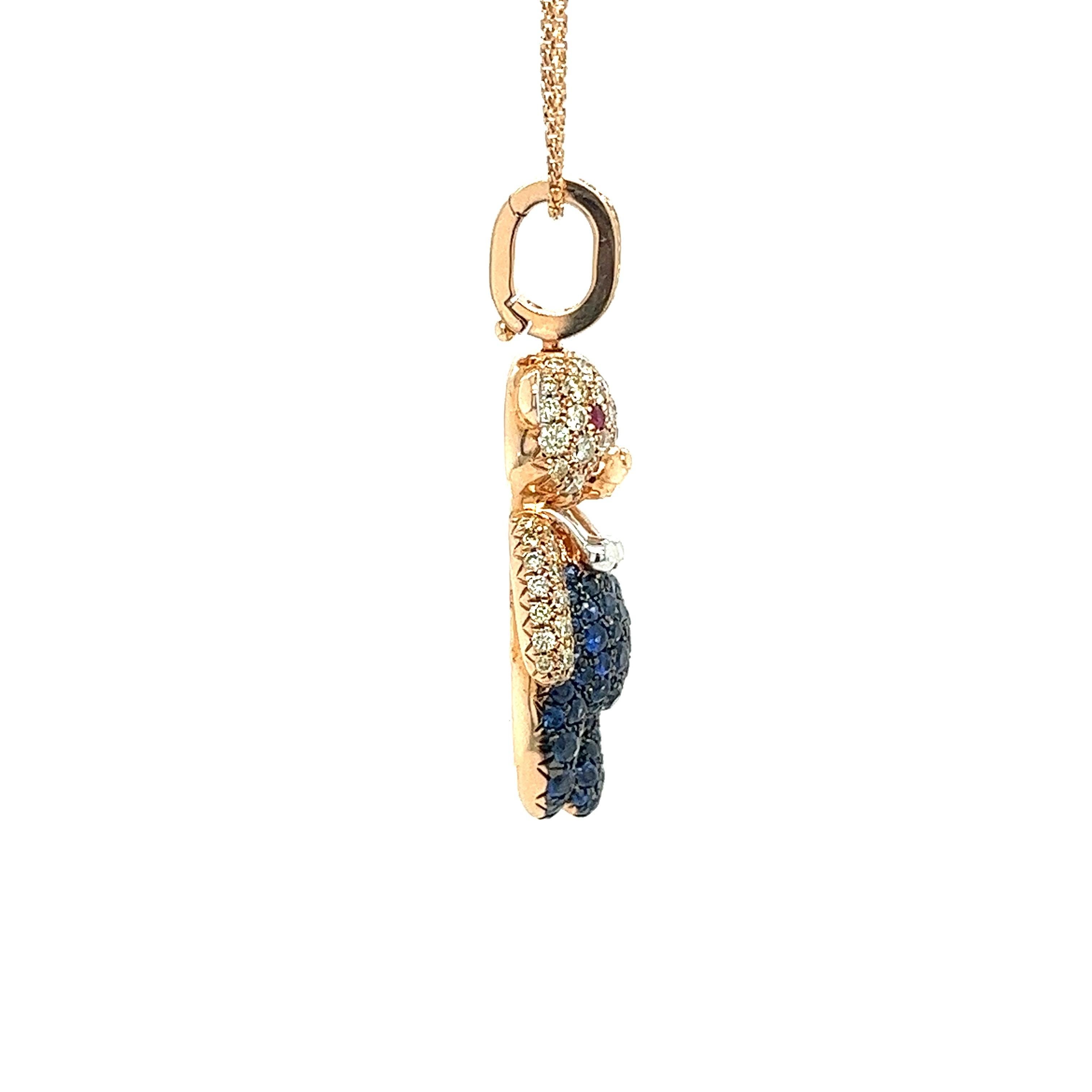 Modern 18K Gold Bear Necklace with Fancy Diamonds & Blue Sapphires For Sale