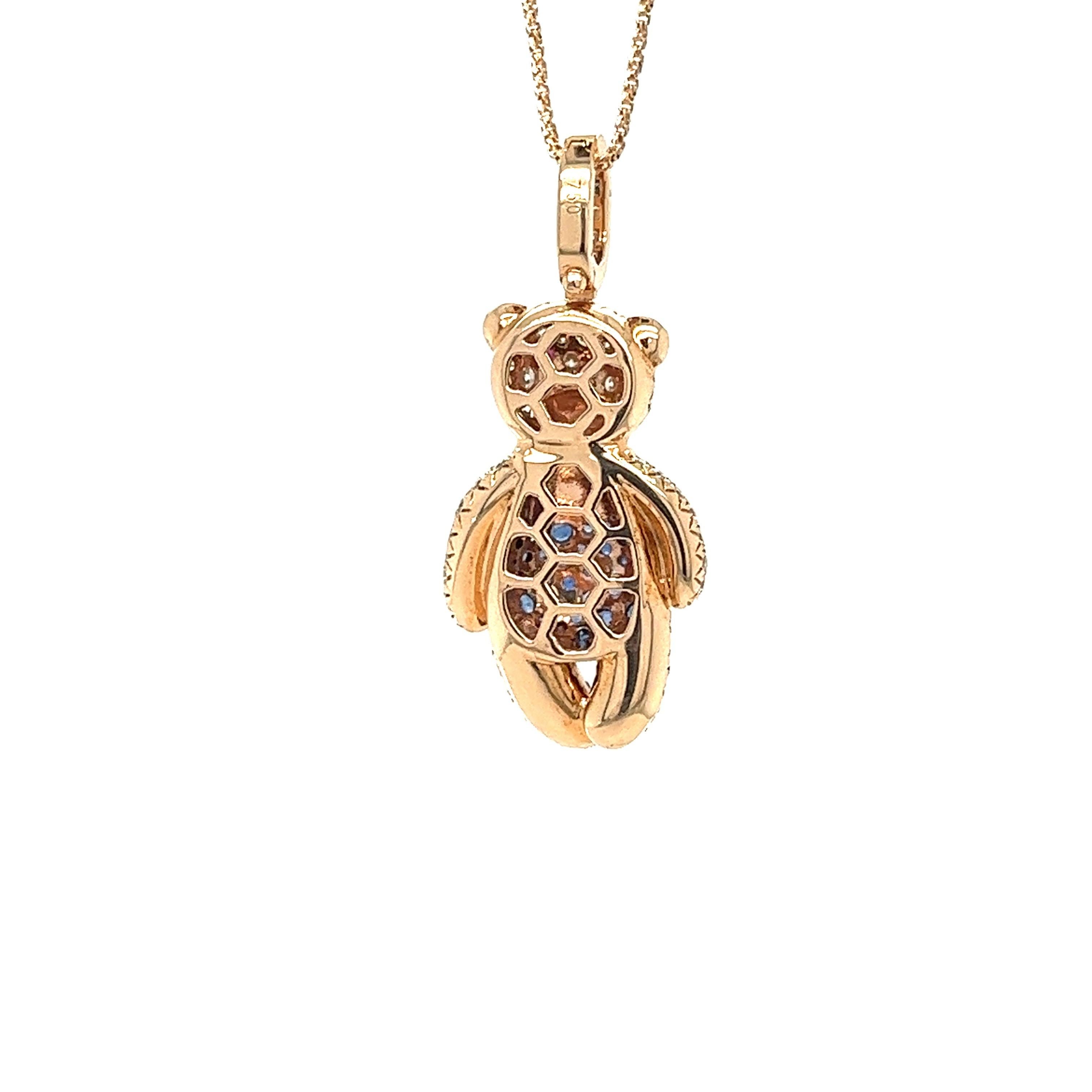 Round Cut 18K Gold Bear Necklace with Fancy Diamonds & Blue Sapphires For Sale