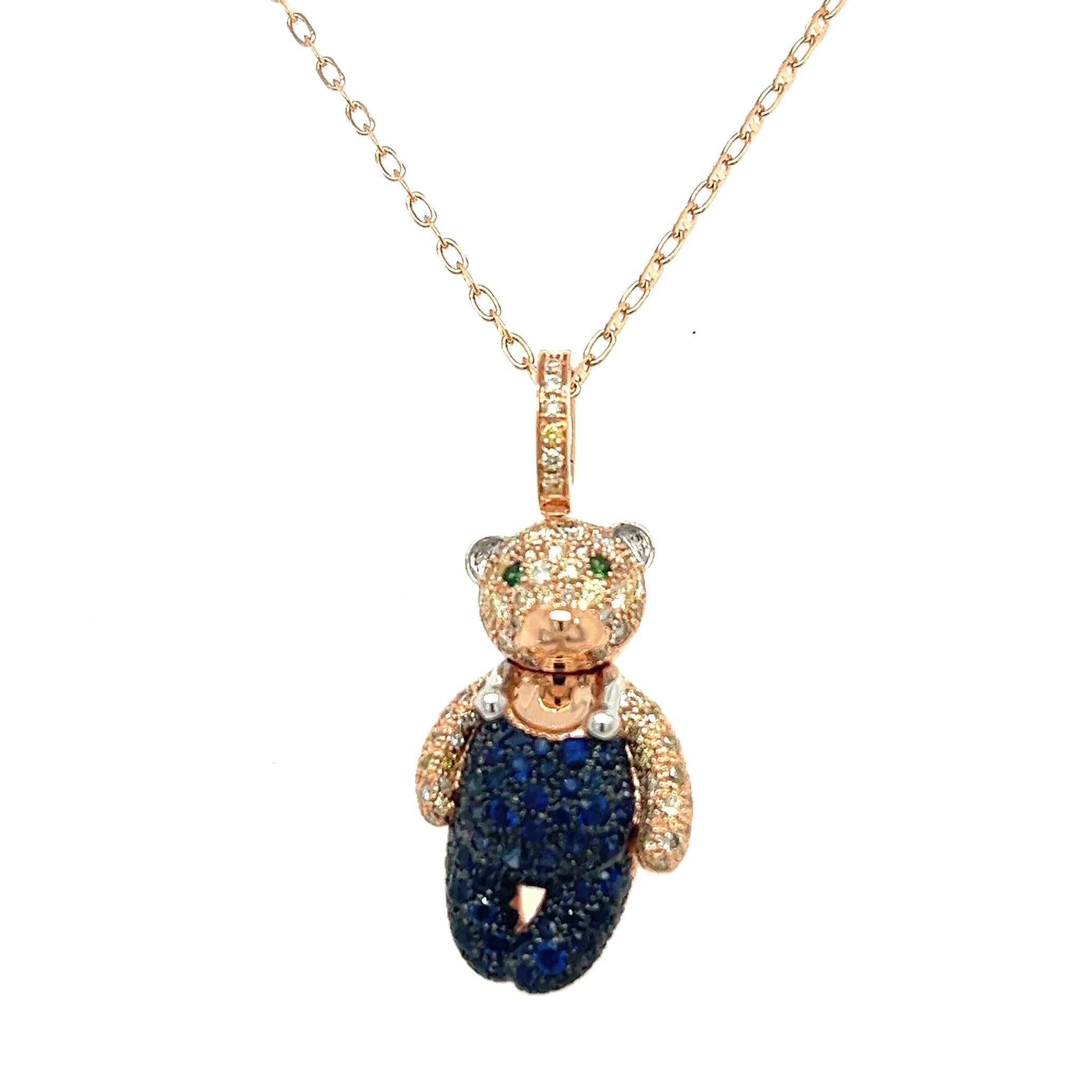 Round Cut 18K Gold Bear Necklace with Fancy Diamonds & Blue Sapphires For Sale