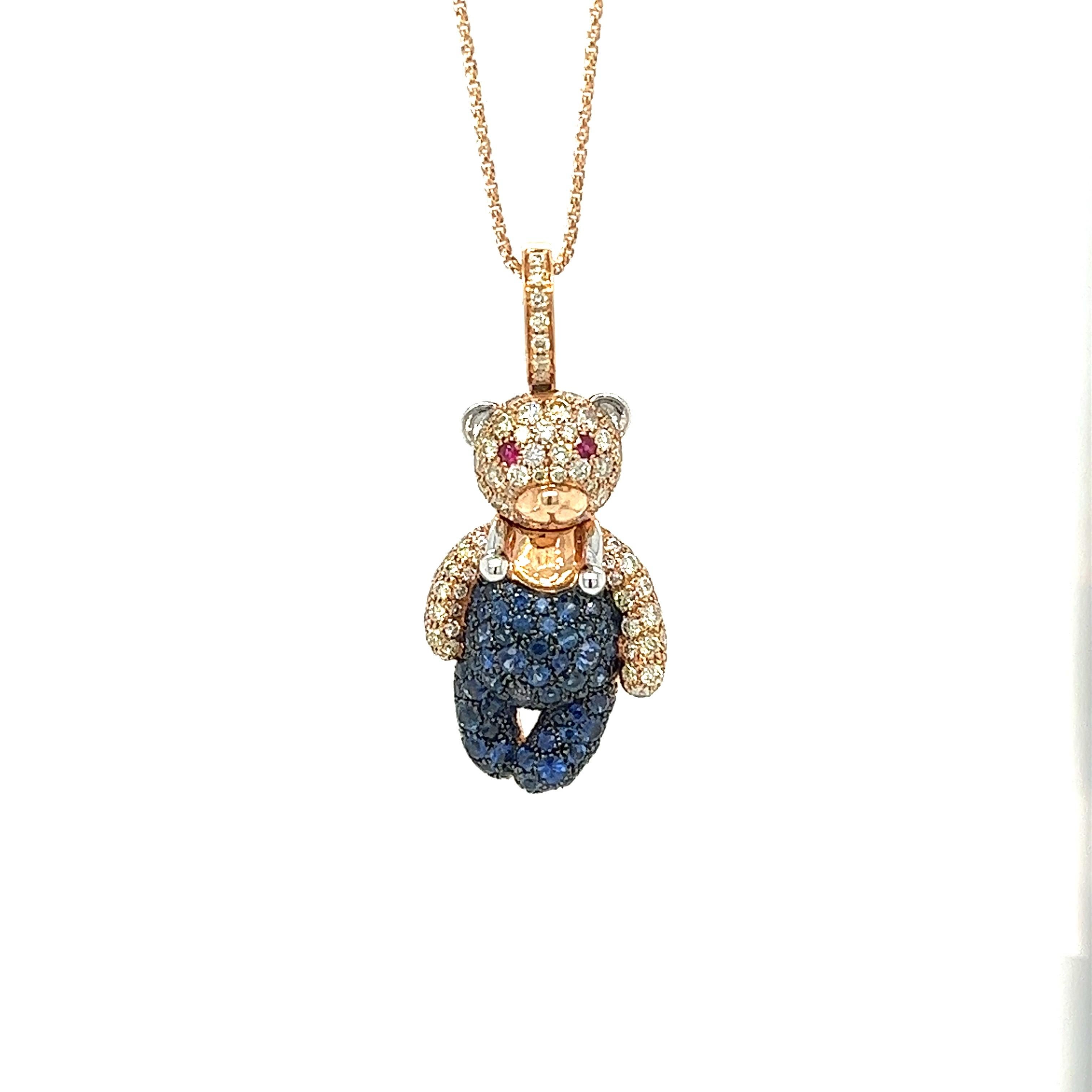 18K Gold Bear Necklace with Fancy Diamonds & Blue Sapphires In New Condition For Sale In Hong Kong, HK