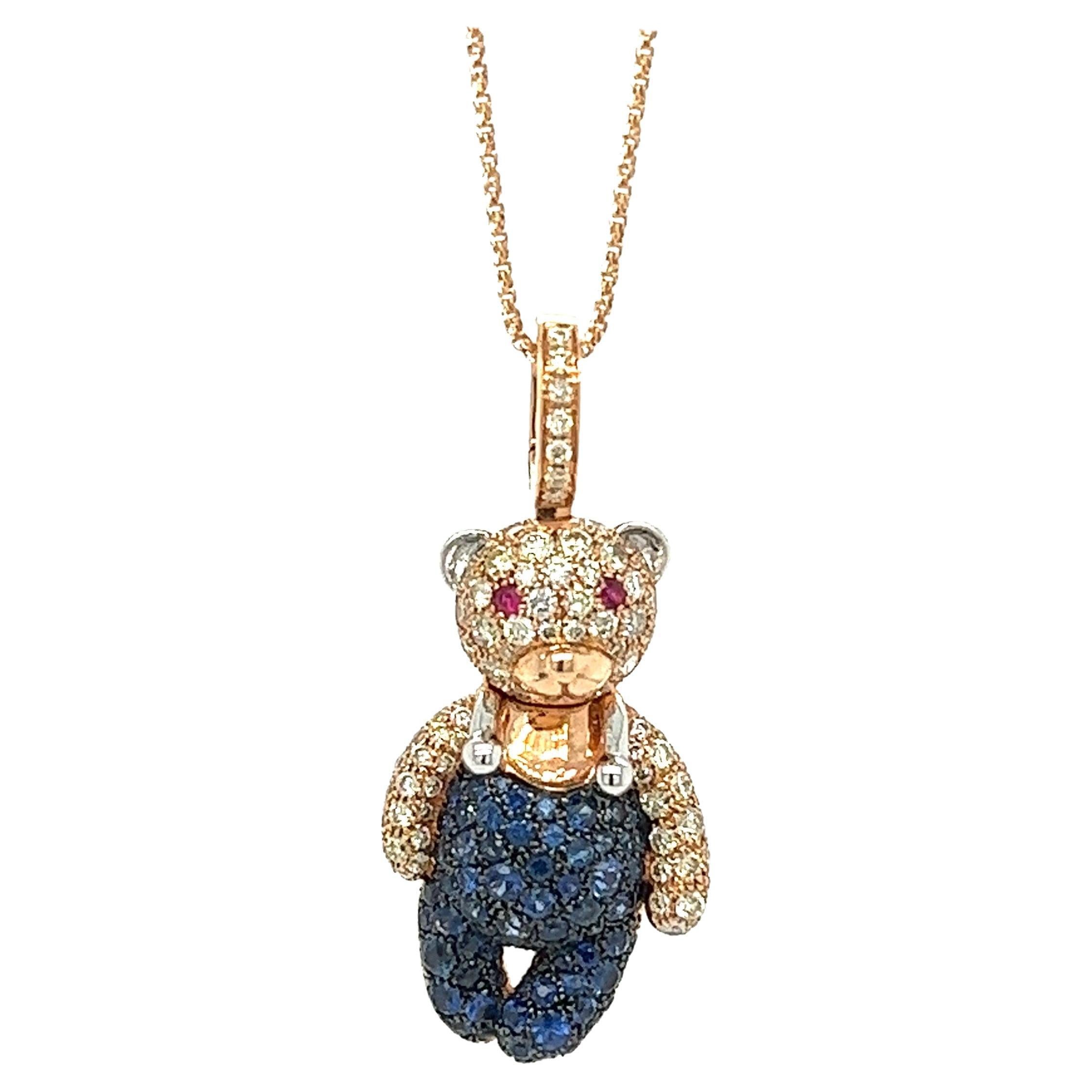 Collier ours en or 18 carats avec diamants fantaisie et saphirs bleus en vente