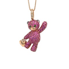 18K Gold Bear Necklace with Fancy Diamonds & Pink Sapphires