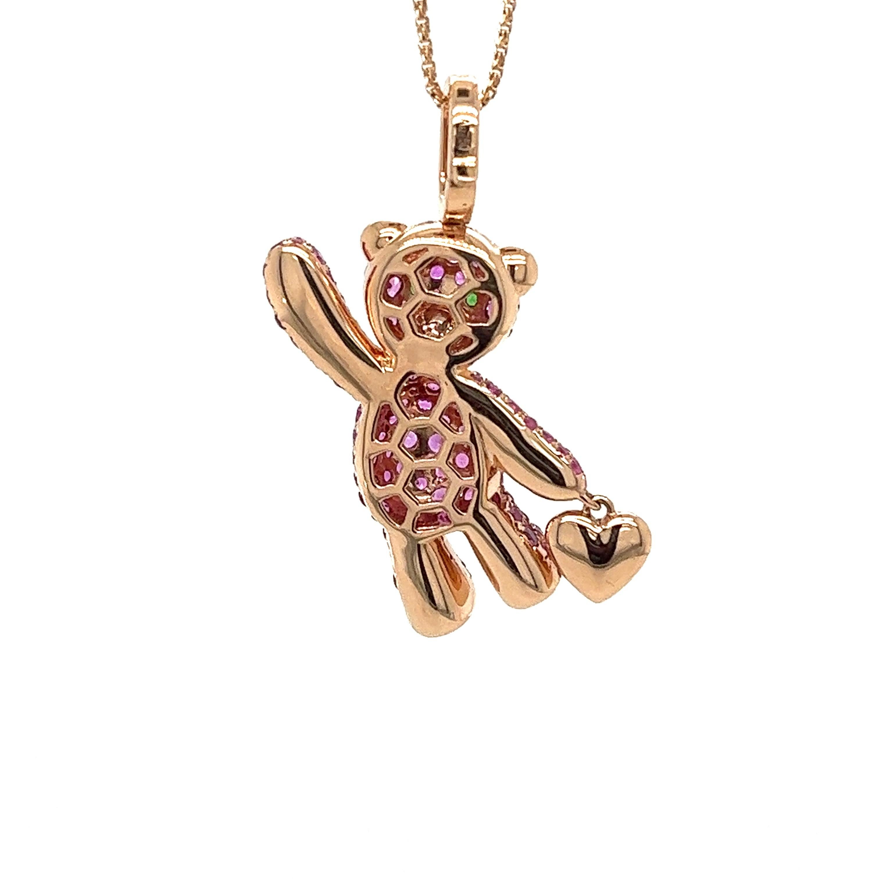 Modern 18K Gold Bear Necklace with Fancy Diamonds & Pink Sapphires For Sale