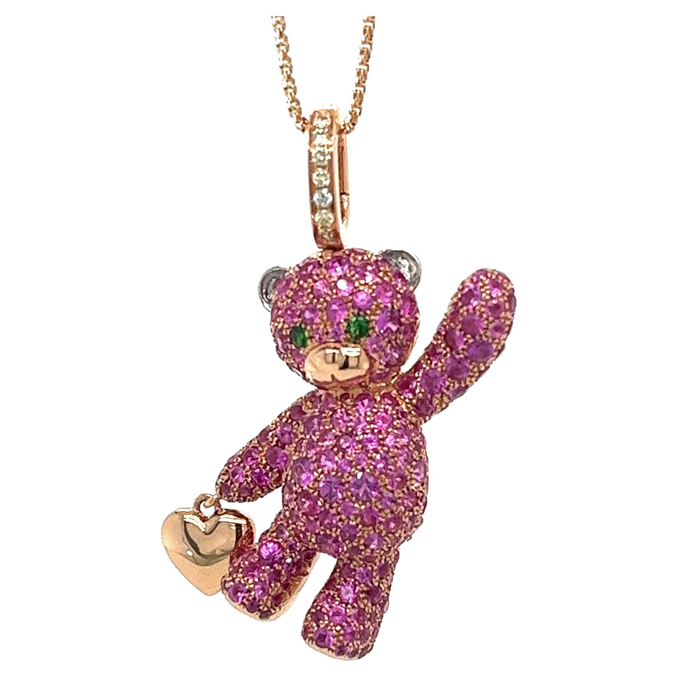 Collier ours en or 18 carats avec diamants fantaisie et saphirs roses