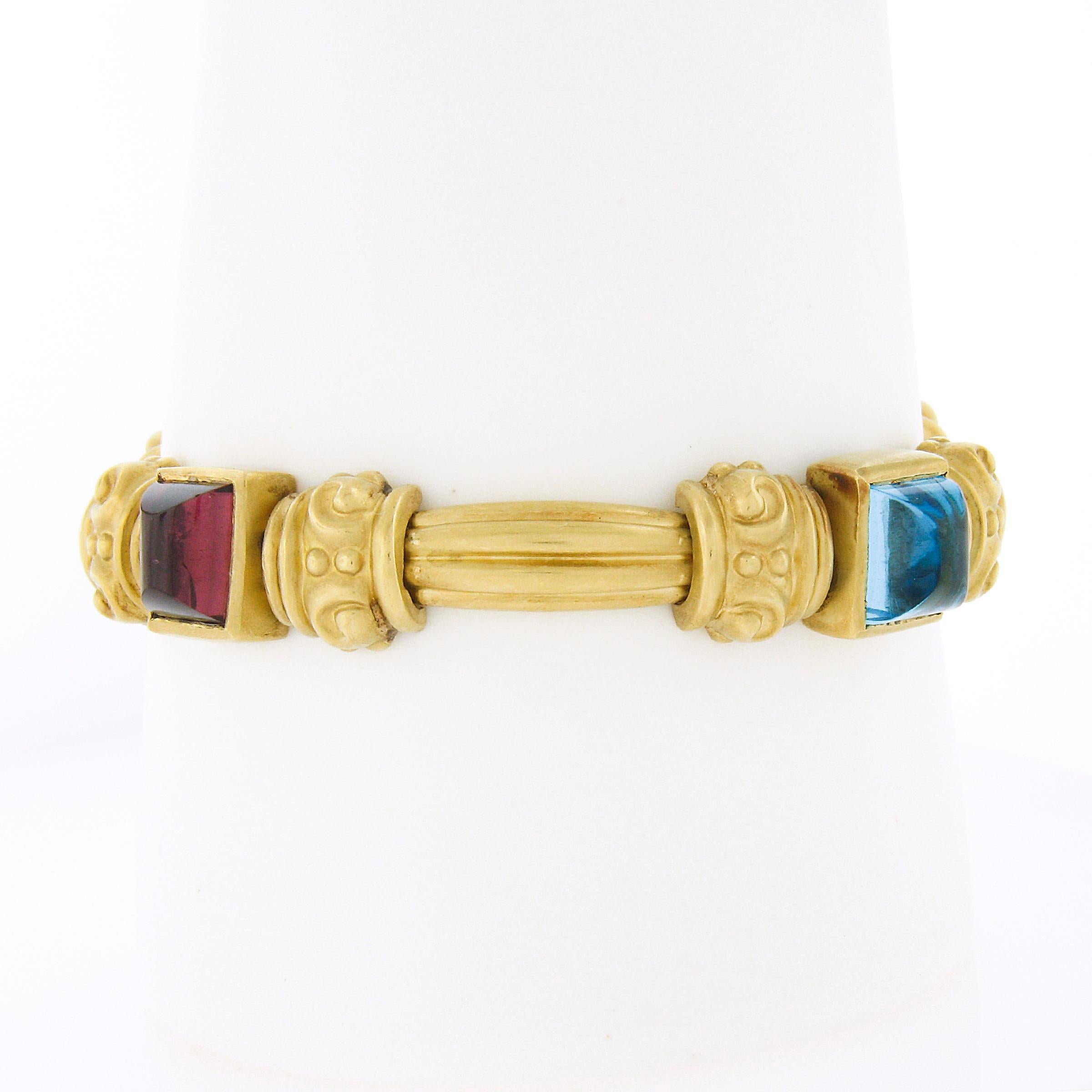 18K Gold & Bezel Set Multi Color Cabochon Gemstone Scroll Grooved Link Bracelet In Excellent Condition For Sale In Montclair, NJ